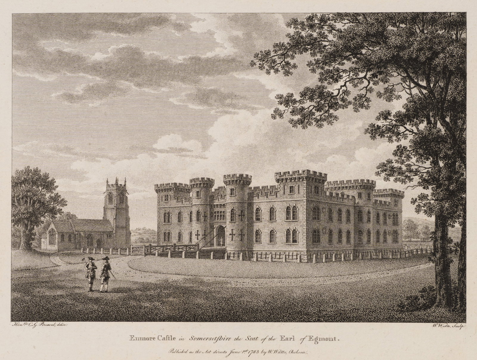W. WATTS (*1752) after PERCEVAL (18th), Enmore Castle in Somerset, 1783, Etching: William Watts (1752 - 1851 ) after C. G. Perceval (18th century): Enmore Castle in Somersetshire Enmore Castle in Somersetshire, country seat of the Earl of Egmont with church and park path, 1783, Etc