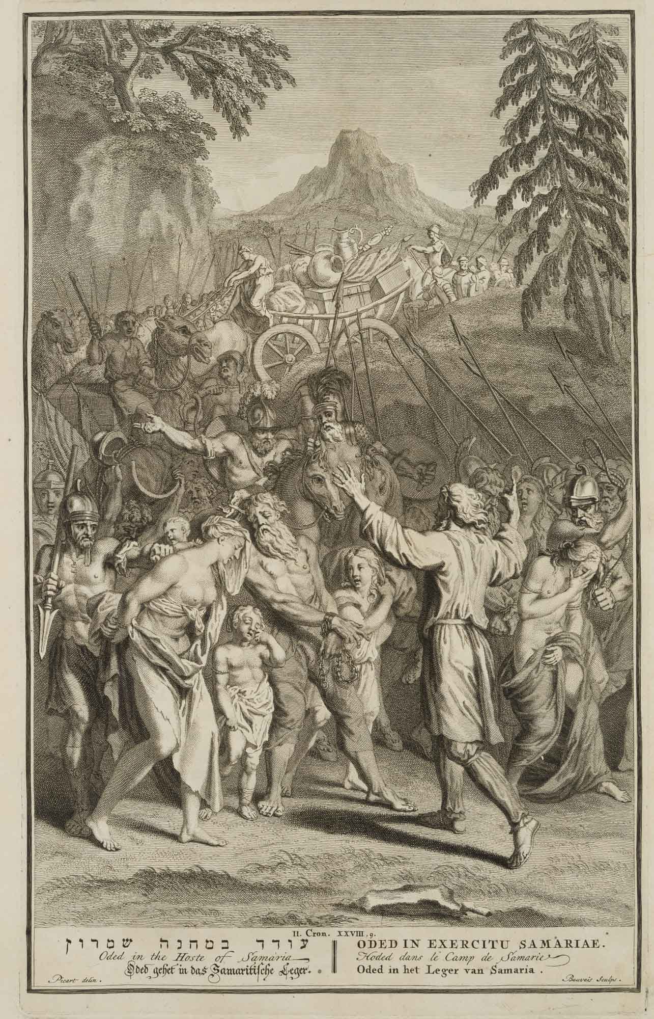 N. BEAUVAIS (*1687) after PICART (*1673), Oded with the Samaritans, around 1700, Copper engraving: Nicolas Dauphin de Beauvais (1687 - 1763 ) after Bernard Picart (1673 - 1733 ibid.): Bible illustration Oded with the Samaritans, Old Testament, 2 Chronicles, 28 9, c. 1700, Copper engraving Technique