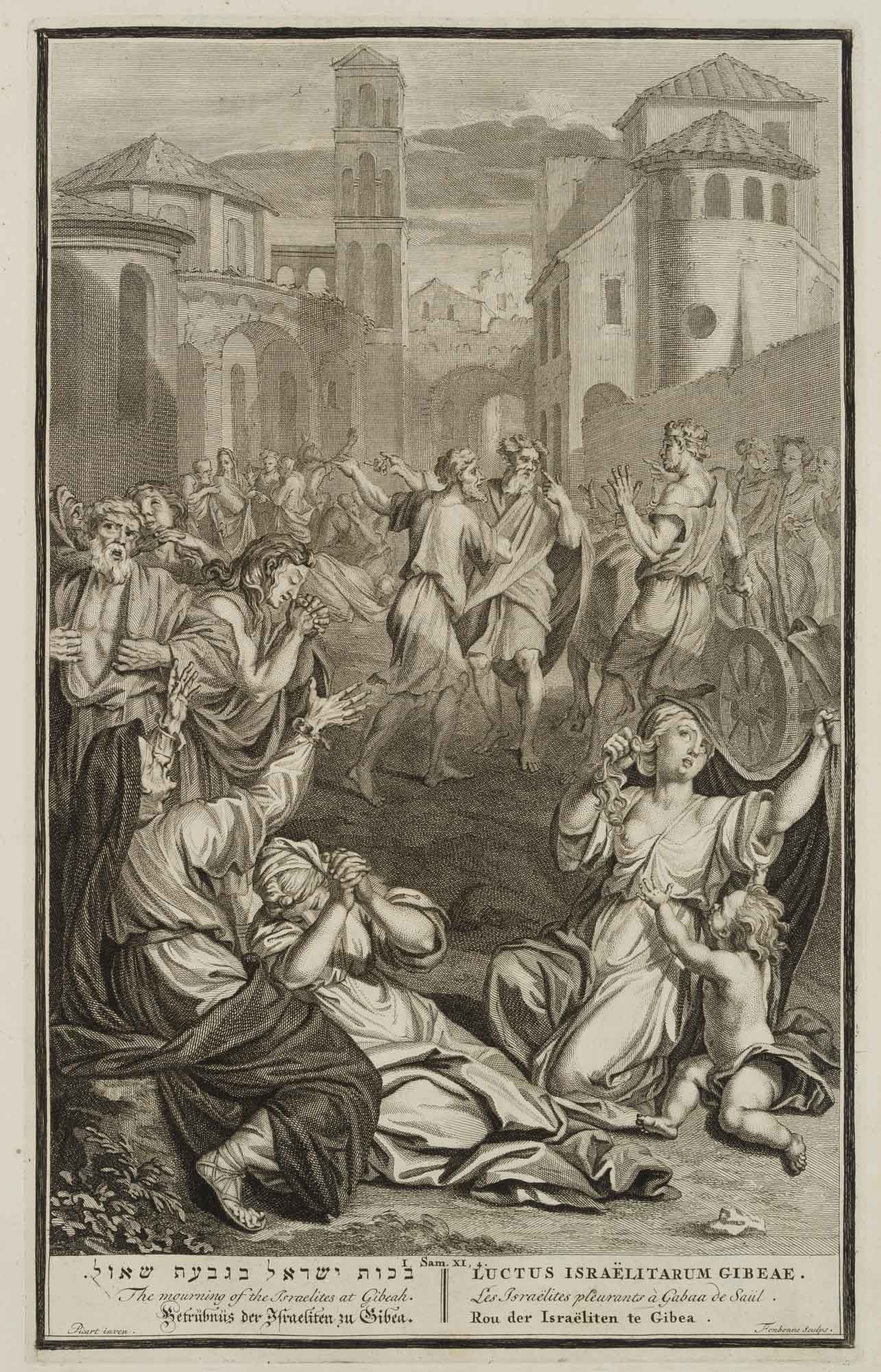 Q. FONBONNE (*1680) after PICART (*1673), The Israelites’ grief, around 1700, Copper engraving: Quirijn Fonbonne (1680 - after 1757 ) after Bernard Picart (1673 - 1733 ibid.): Bible illustration Affliction of the Israelites over Gibeah, Old Testament, I Samuel 11, 4, c. 1700, Copper engraving Te