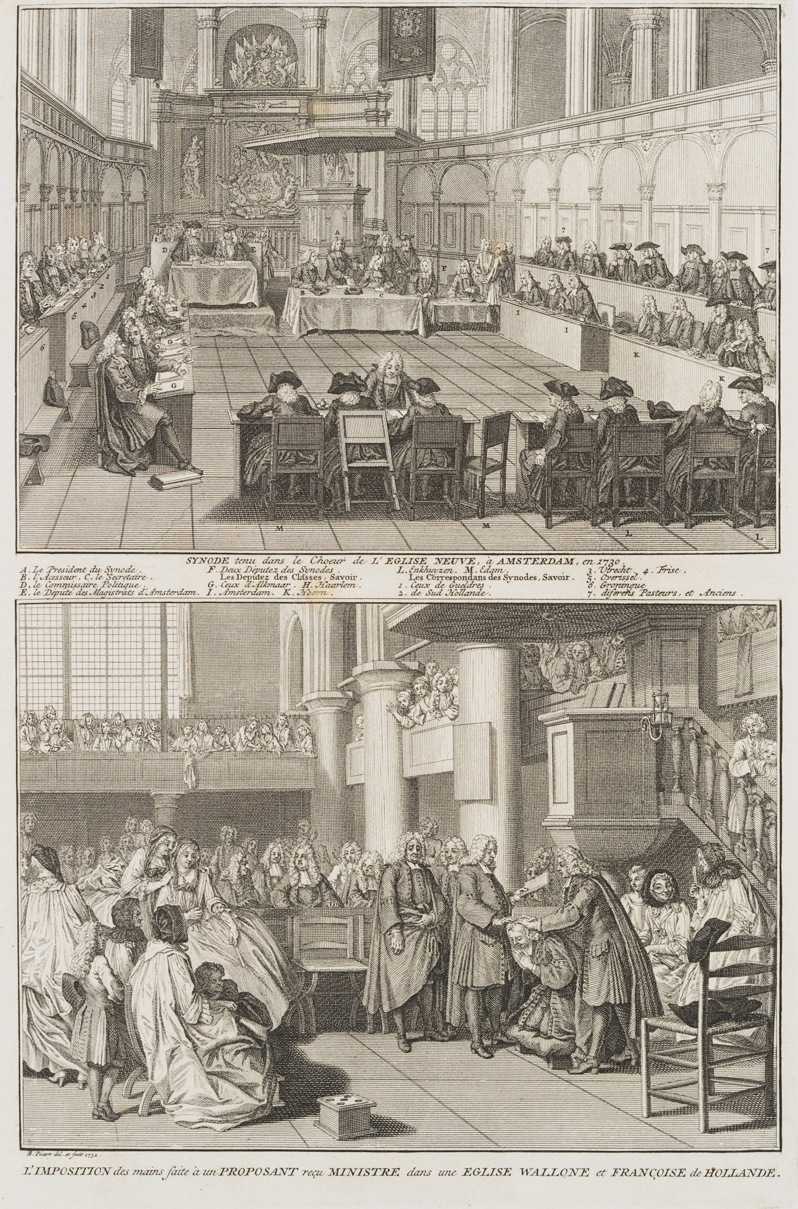 B. PICART (1673-1733), Synod, 1733, Copper engraving: Bernard Picart (1673 - 1733 ibid.): Synod held in the choir of the New Church in Amsterdam, 1730, 1733, Copper engraving Technique: Copper engraving on Paper Inscription: lower left signed in the prin