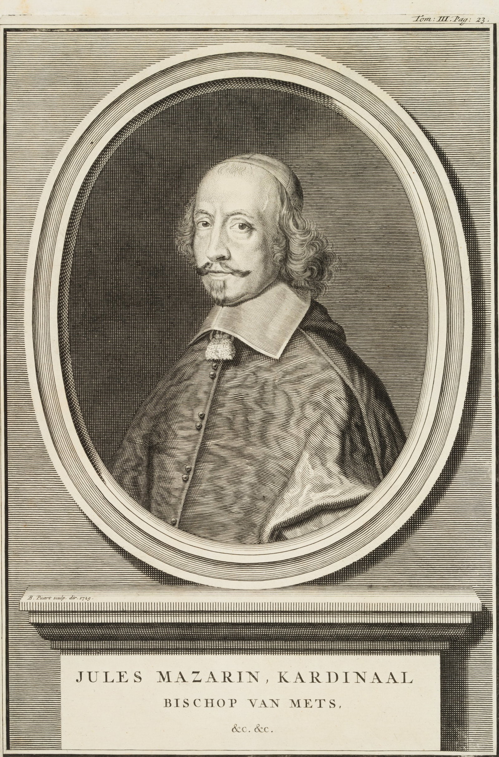 B. PICART (1673-1733), Portrait of Jules Mazarin, 1729, Copper engraving: Bernard Picart (1673 - 1733 ibid.): Portrait of Jules Mazarin in three-quarter profile to the left in cardinal's garb, 1729, Copper engraving Technique: Copper engraving on Paper Inscription: Middle l