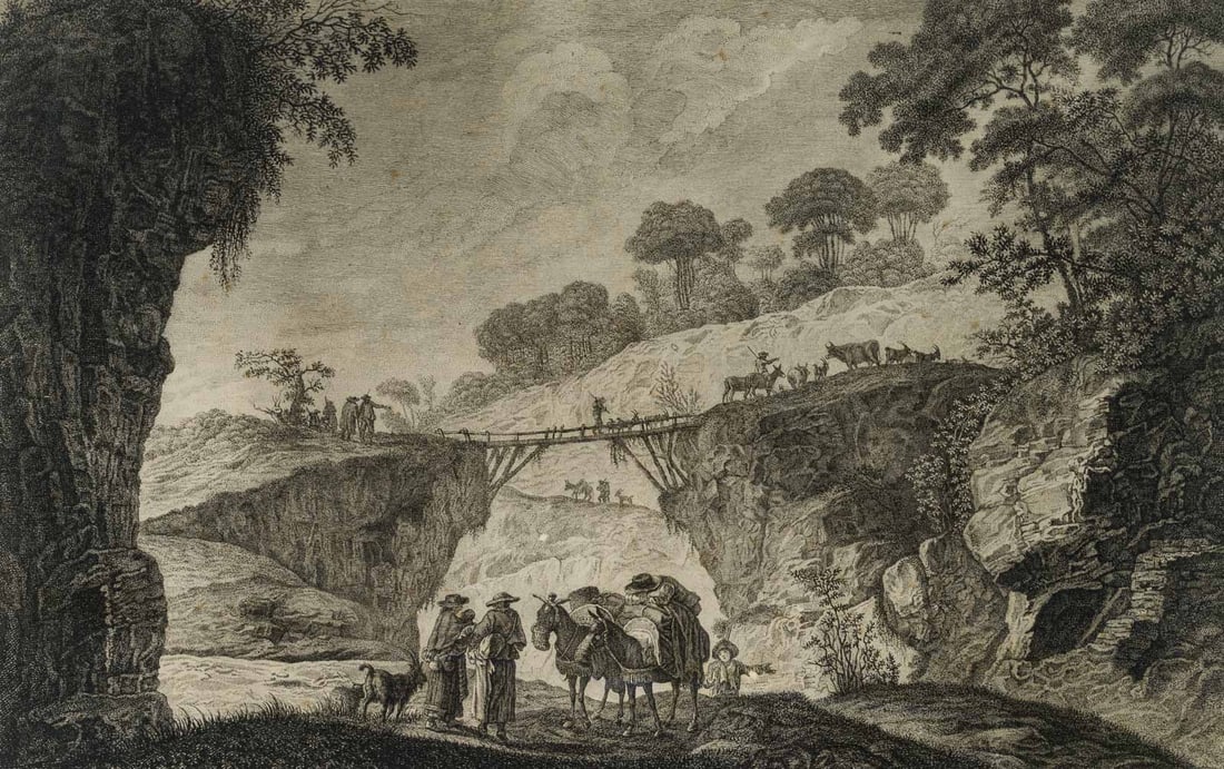 J. WANGNER (*1703) after PILLEMENT (*1728), Landscape with shepherds and mules, Copper engraving (1 of 5)