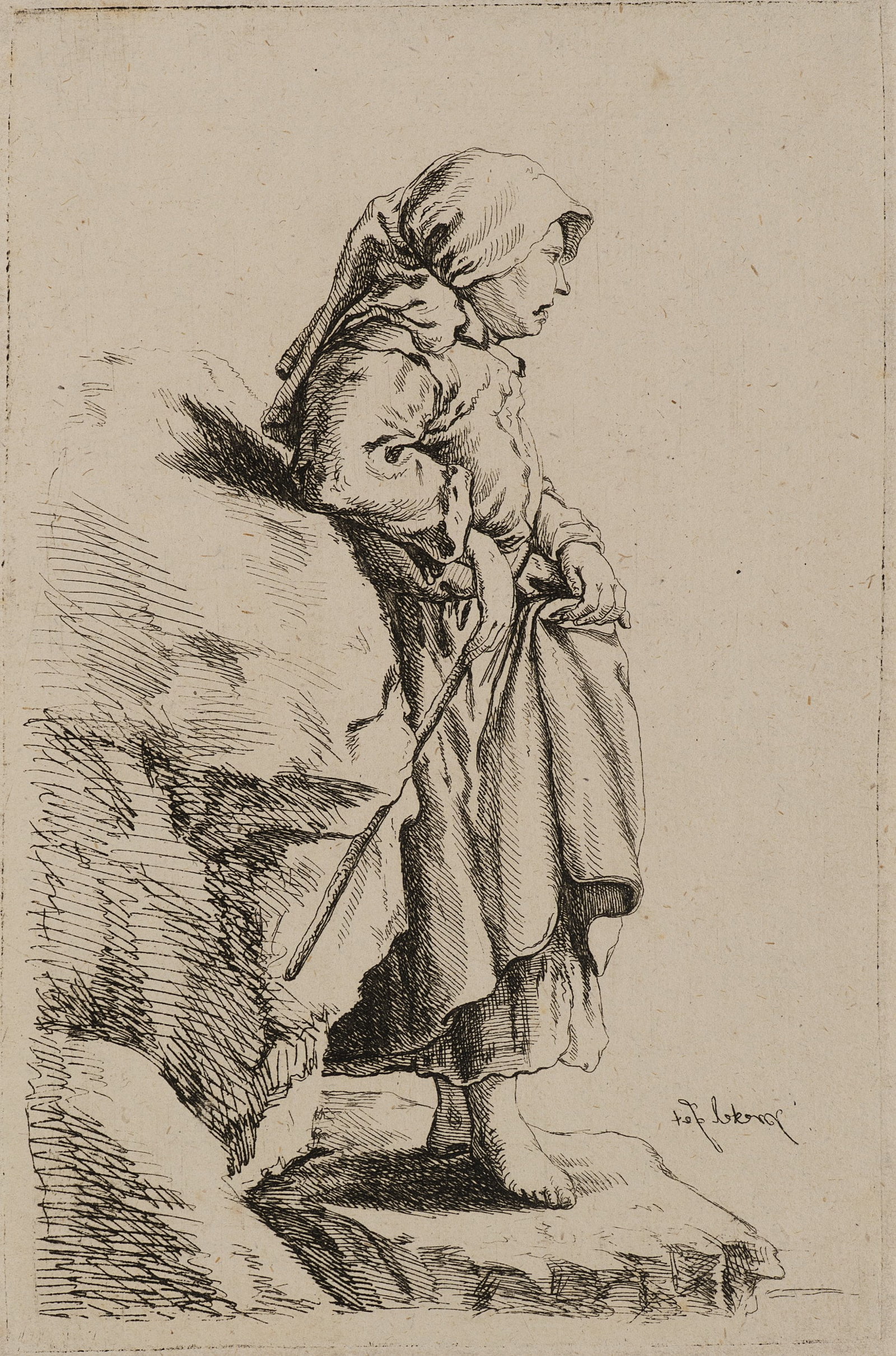 J. PRESTEL (1739-1808), Old women by the rock, Etching: Johann Gottlieb Prestel (1739 Grönenbach - 1808 Frankfurt on the Main): Old woman on a rock Barefoot woman with headscarf on rocky ground, 18th century, Etching Technique: Etching on Paper Impres