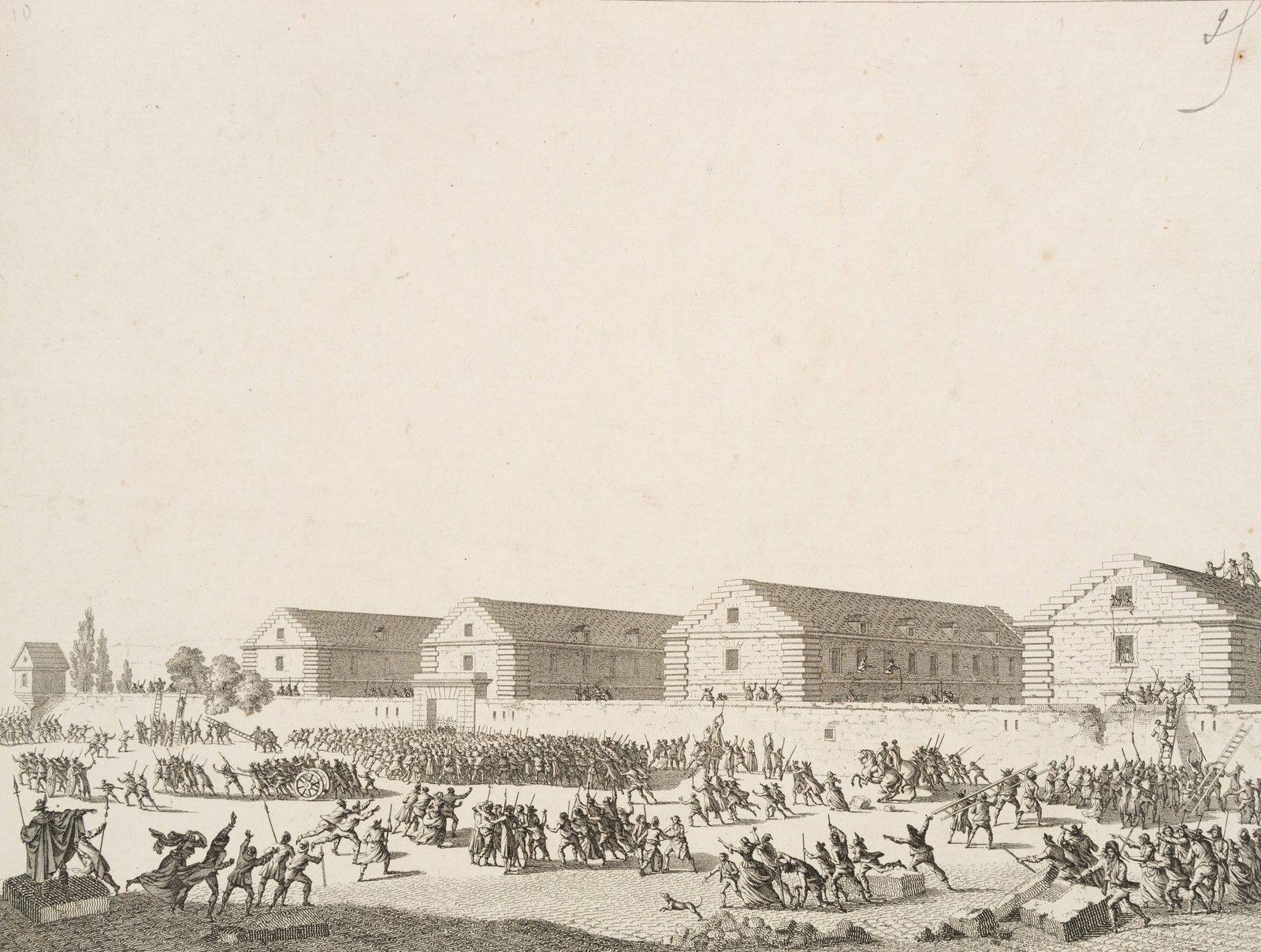 J. PRIEUR (1759-1795), The looting of the arsenal in Lyon, Etching: Jean Louis Prieur (1759 Paris - 1795 ibid.): Historical war scene Looting of the Arsenal in Lyon, 7 February 1790, 18th century, Etching Technique: Etching on Paper Inscription: Upper right monogramme