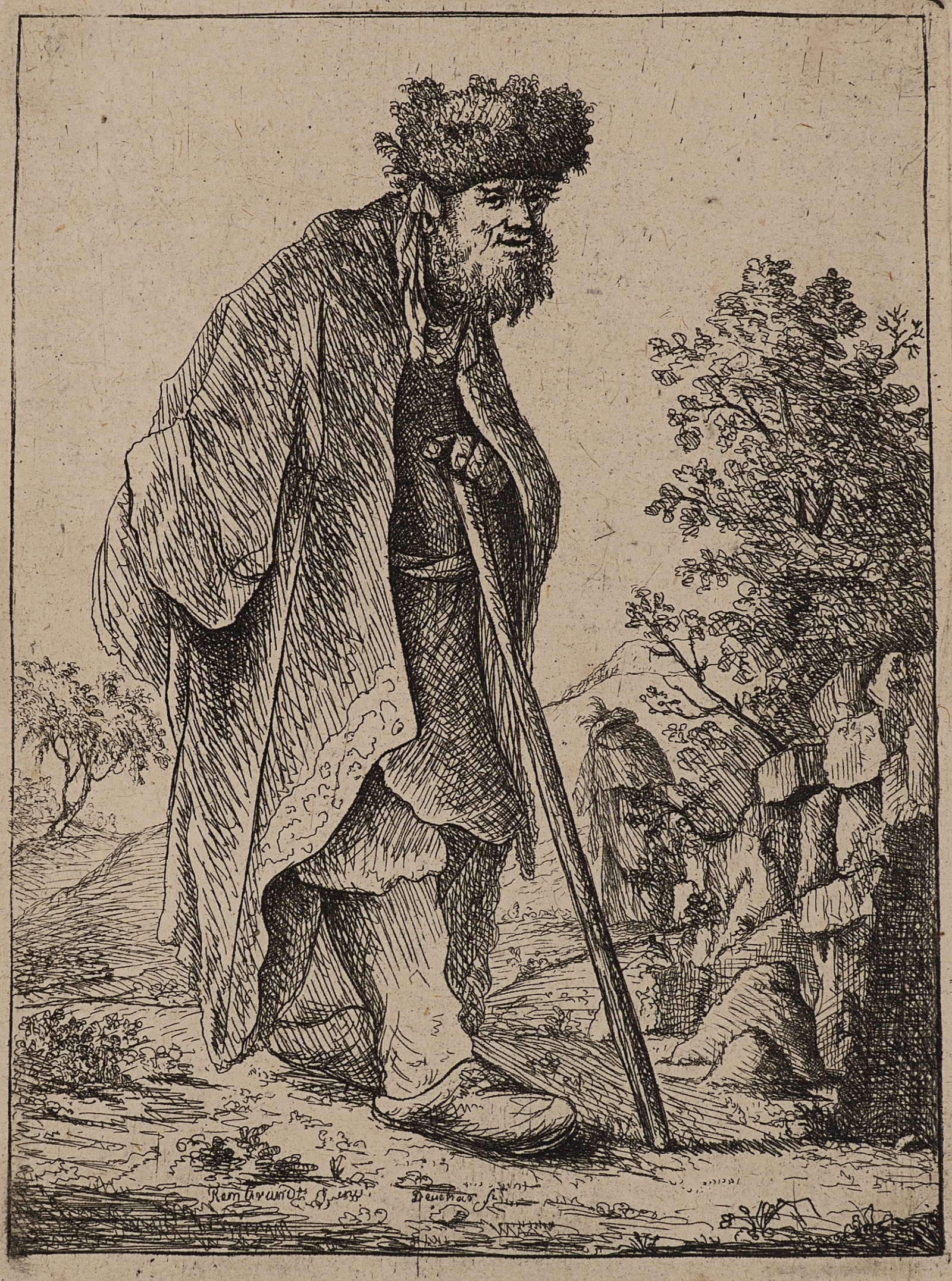 D. DEUCHAR (*1743) after REMBRANDT (*1606), An old man with a walking stick, Etching: David Deuchar (around 1743 Montrose (Angus) - 1808 Edinburgh) after Rembrandt: Rembrandt Harmenszoon van Rijn (1606 Leiden - 1669 Amsterdam): Old man with cane Old man in rural surroundings with cane,