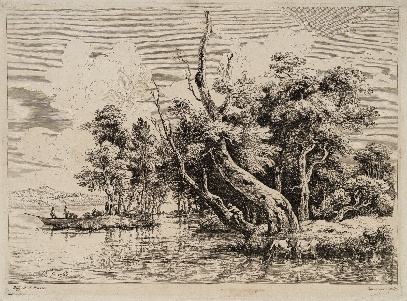 J. BOISSIEU (*1736) after RUYSDAEL (*1628), River landscape with a young fisherman, 1763, Etching (1 of 5)