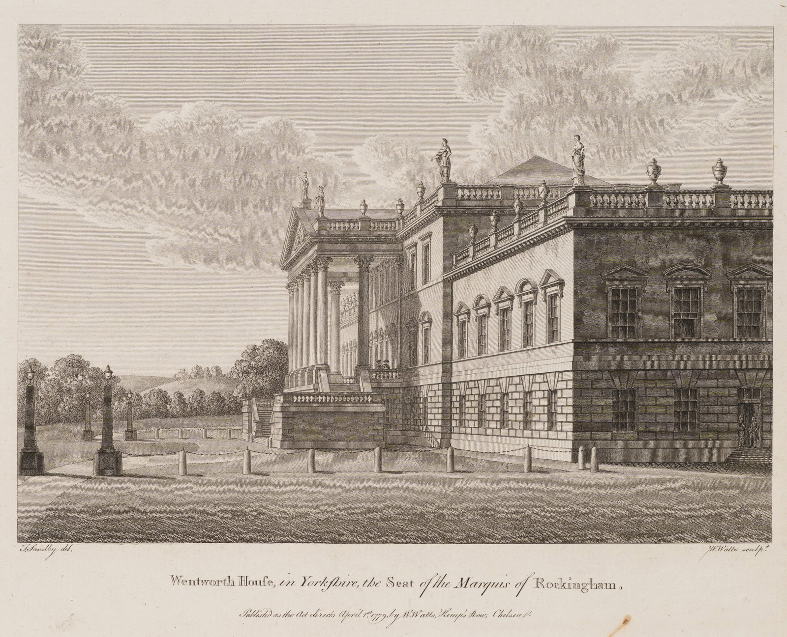 W. WATTS (*1752) after SANDBY (*1721), Wentworth House in Yorkshire, 1779, Etching: William Watts (1752 - 1851 ) after Thomas Sandby (1721 - 1798 ): Wentworth House in Yorkshire Wentworth House in Yorkshire, seat of the Marquess of Rockingham, 1779, Etching Technique: Etching on Pape