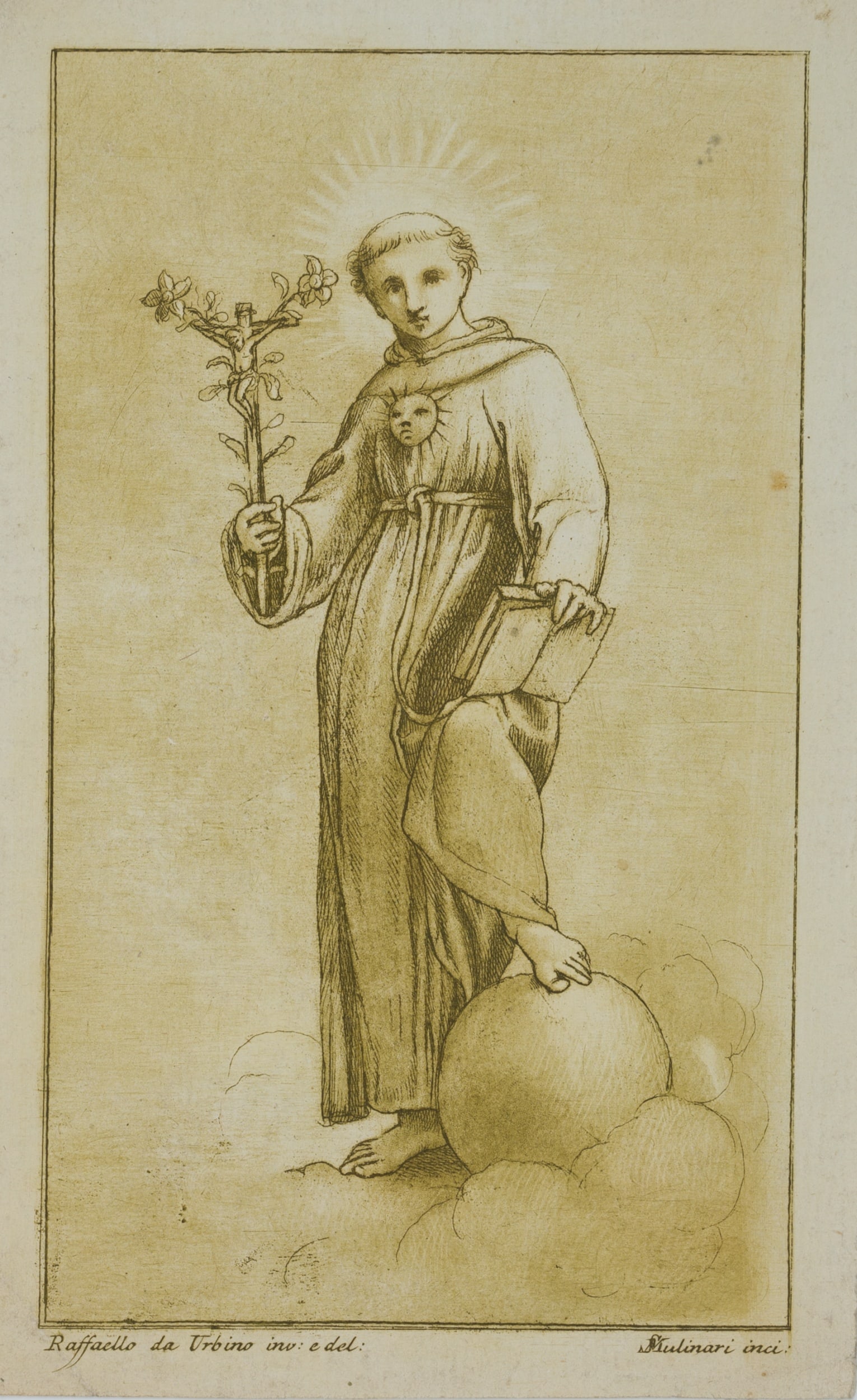 S. MULINARI (*1741) after RAFFAEL (*1483), Saint Thomas Aquinas, around 1770, Aquatint: Stefano Mulinari (around 1741 Florence - around 1790 ibid.) after Raffael: Raffaello Sanzio da Urbino (1483 Urbino - 1520 Rom): St Thomas Aquinas standing with crucifix in a cloudy landscape, c. 1770,