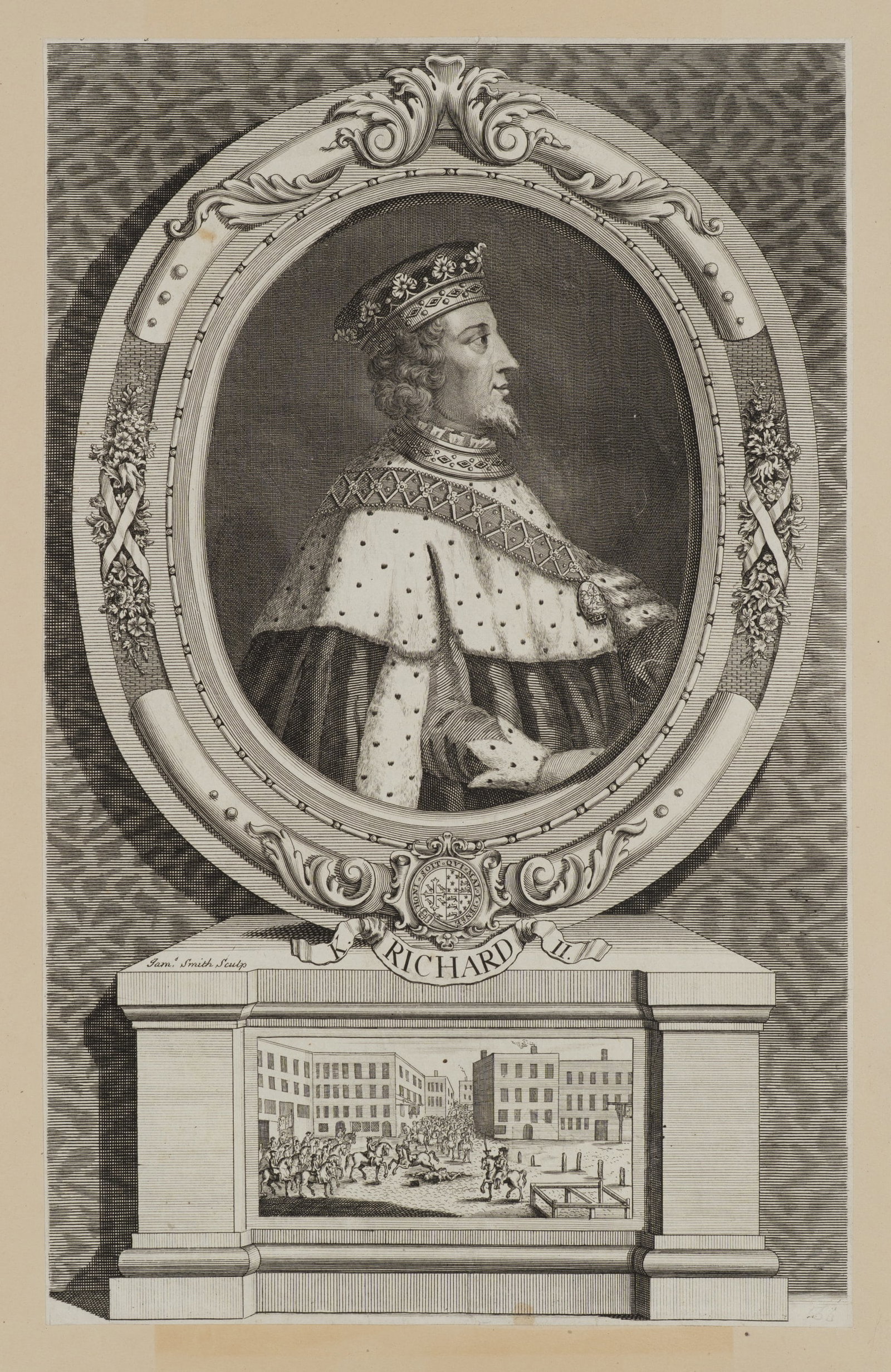 J. SMITH (1733-1759), Richard II – The Peasants’ Revolt, Copper engraving: James Smith (before 1733 - after 1759 ): Historical portrait of Richard II depicting the Peasants' Revolt, from Rapin's History of England, 18th century, Copper engraving Technique: Copper engraving o