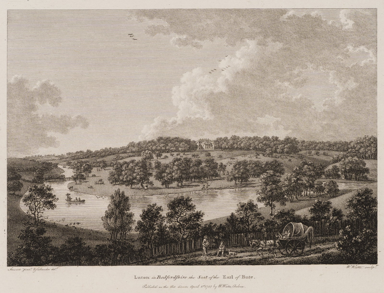 W. WATTS (*1752) after STEWART (*1779), Luton in Bedfordshire, 1785, Etching: William Watts (1752 - 1851 ) after Sir John James Stewart (1779 - 1849 ): Luton in Bedfordshire Luton in Bedfordshire, country seat of the Earl of Bute in extensive parkland, 1785, Etching Technique: 