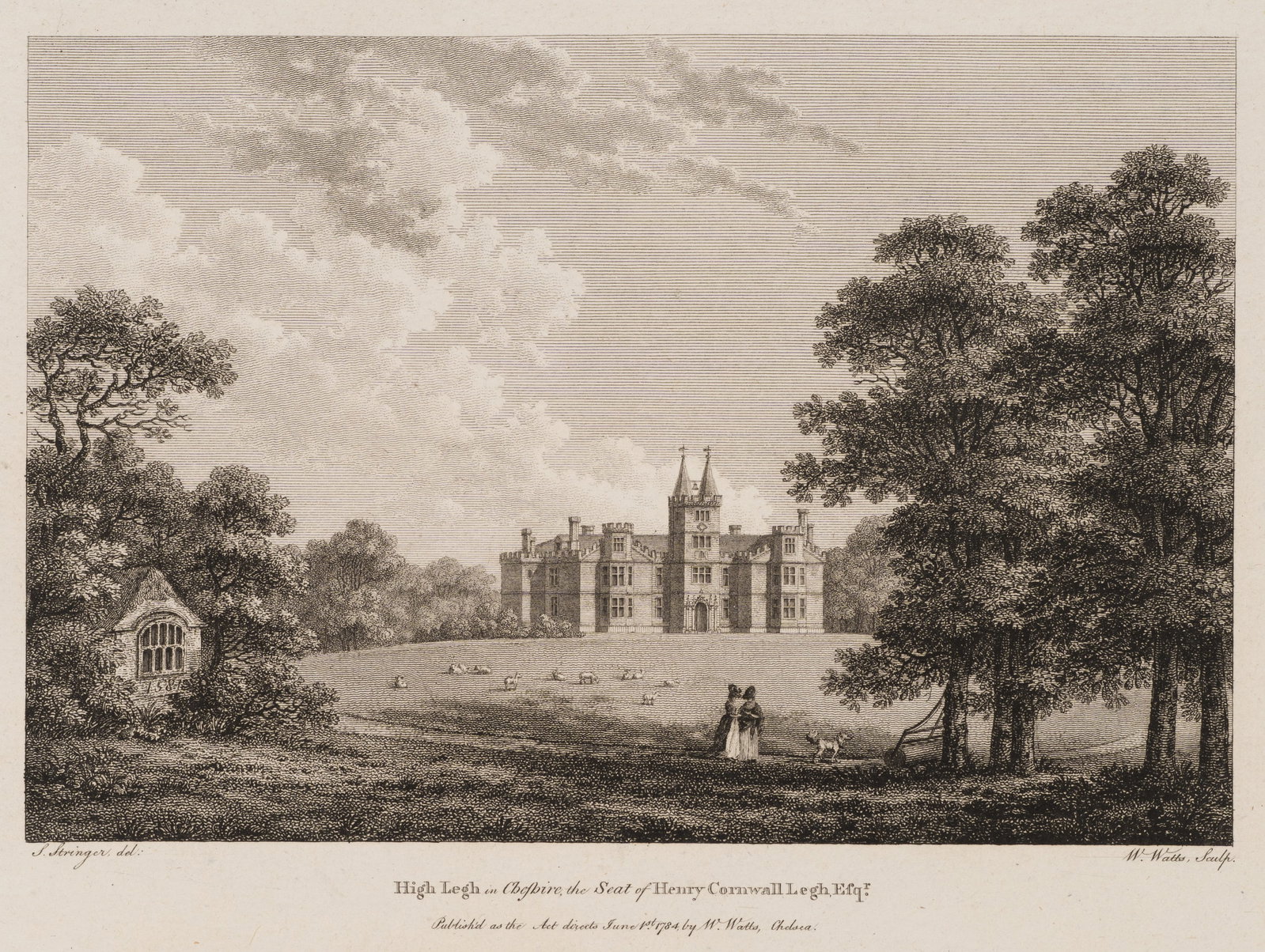 W. WATTS (*1752) after STRINGER (*), High Legh in Cheshire, 1784, Etching: William Watts (1752 - 1851 ) after Samuel Stringer (unkn. -1784 ): High Legh in Cheshire High Legh in Cheshire, country seat of Henry Cornwall Legh Esq, 1784, Etching Technique: Etching on Paper Impre