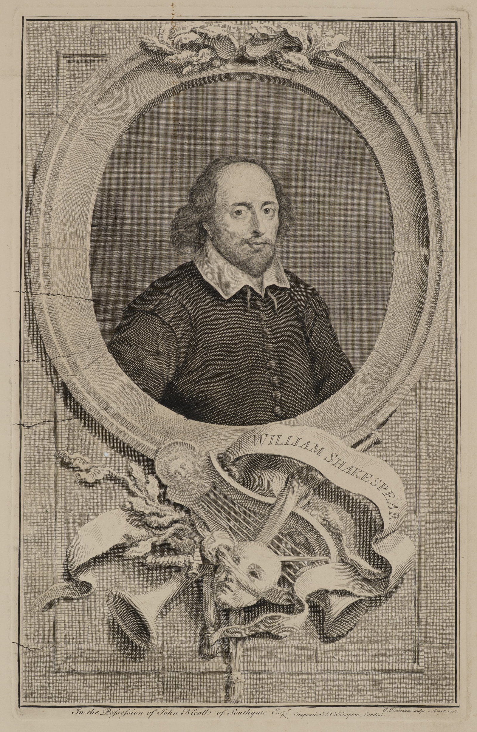 J. HOUBRAKEN (*1698) after TAYLOR (17th), William Shakespeare. A Portrait of the Poet, 1747, Copper: Jacobus Houbraken (1698 Dordrecht - 1780 Amsterdam) after John Taylor (17th century): Portrait of William Shakespeare with allegorical attributes, 1747, Copper engraving Technique: Copper engraving an