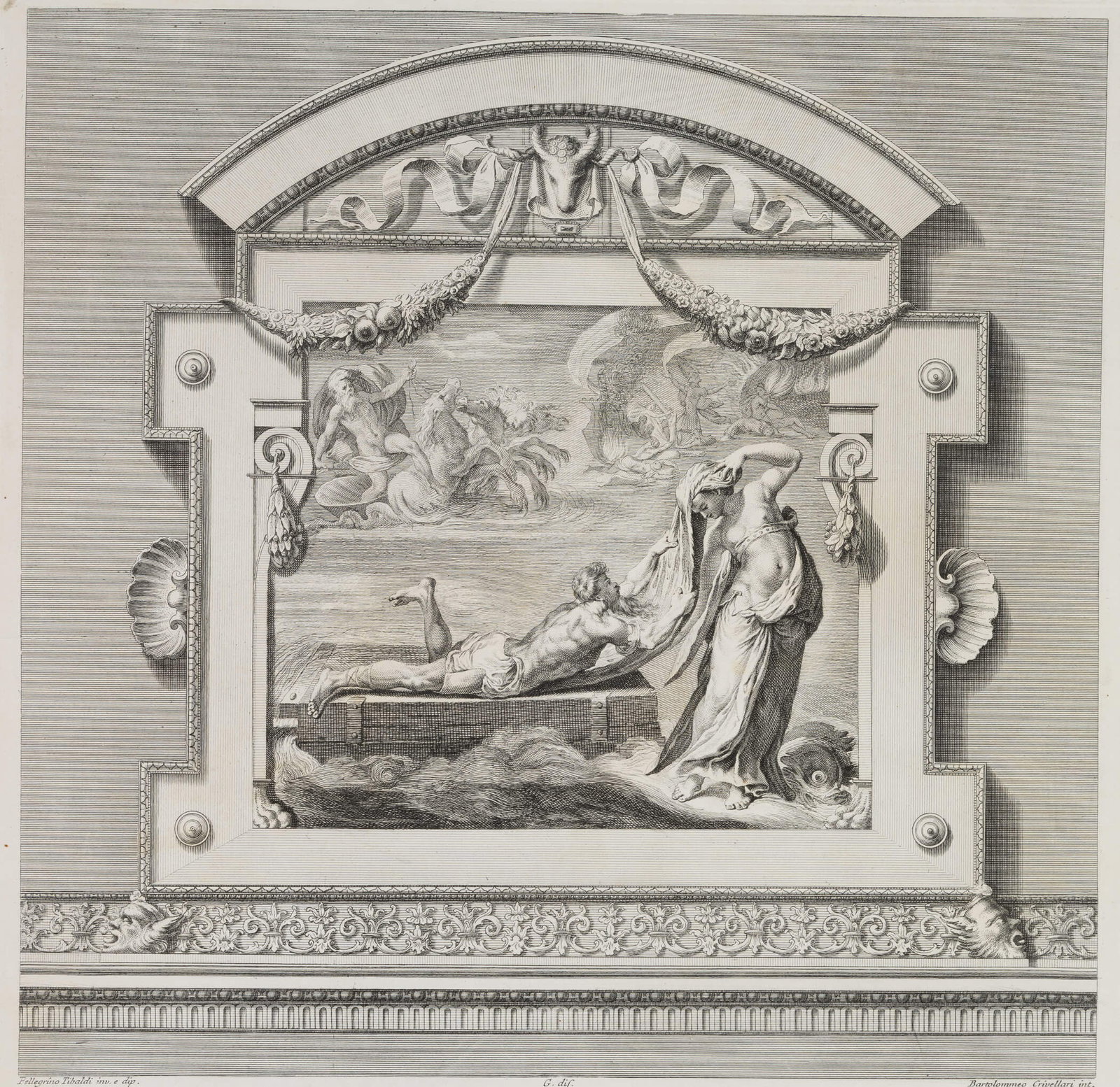 B. CRIVELLARI (*1716) after TIBALDI (*1527), Odysseus and Ino, Copper engraving (1 of 4)