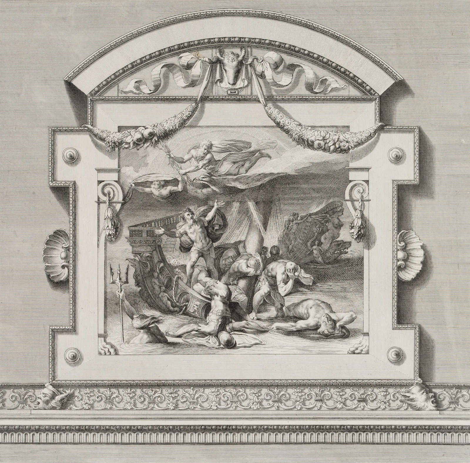 B. CRIVELLARI (*1716) after TIBALDI (*1527), The Shipwreck of Odysseus, Copper engraving: Bartolomeo Crivellari (1716 - 1777 ) after Pellegrino Tibaldi (1527 Curia - 1592 Mailand): The Shipwreck of Odysseus, 18th century, Copper engraving Technique: Copper engraving on Paper Inscription: L