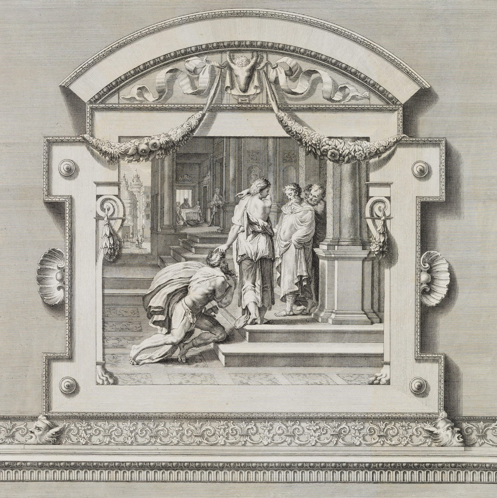 B. CRIVELLARI (*1716) after TIBALDI (*1527), Odysseus at the court of Alcinous, around 1756, Copper: Bartolomeo Crivellari (1716 - 1777 ) after Pellegrino Tibaldi (1527 Curia - 1592 Mailand): Odysseus at the court of Alcinous, c. 1756, Copper engraving Technique: Copper engraving on Paper Inscription