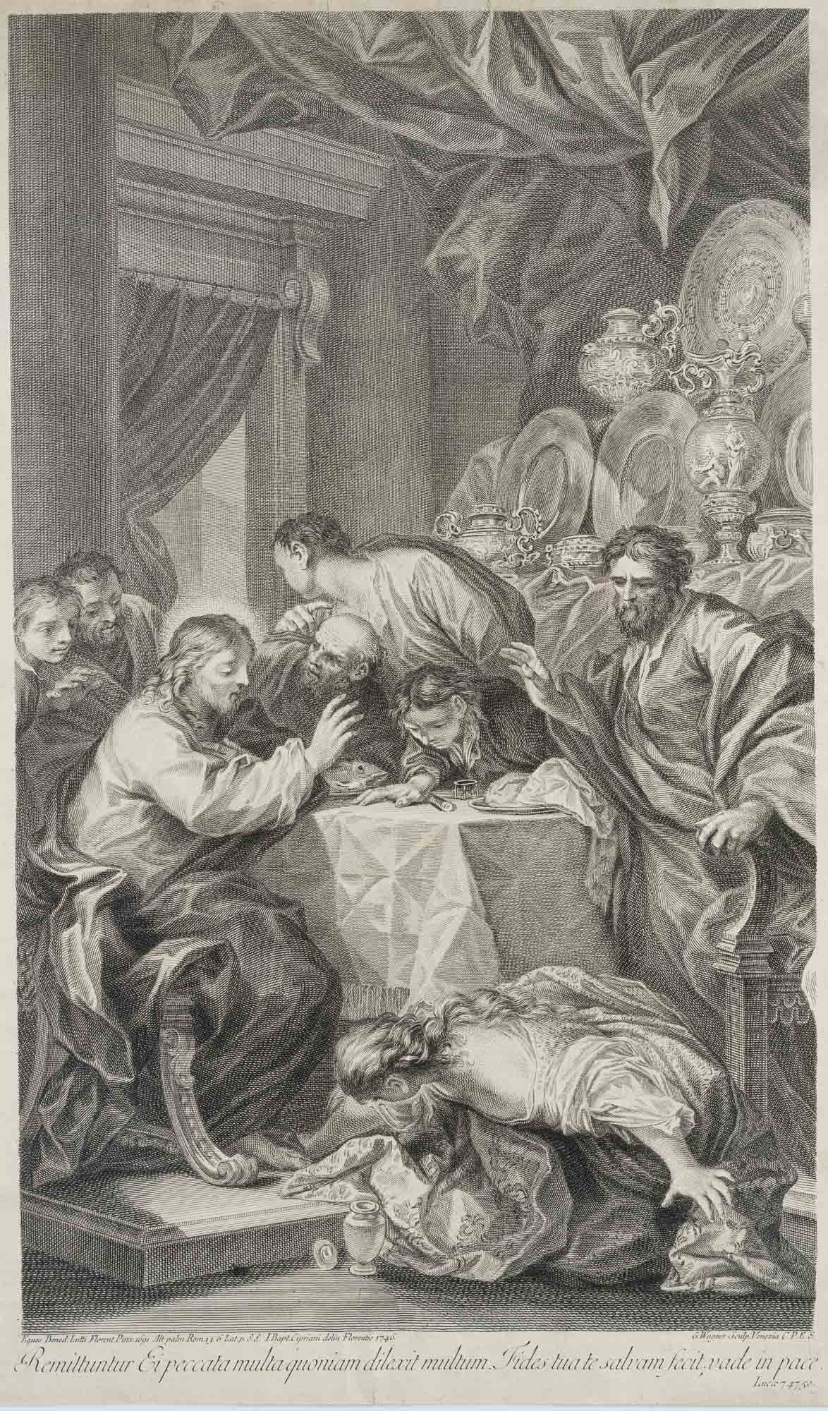 G. CIPRIANI (*1727) after WAGNER (18th), The Washing of Christ’s Feet, Luke 7:47–50, Copper: Giovanni Battista Cipriani (1727 Florence - 1785 Hammersmith) after G. Wagner (18th century): after Benedetto LUTI (1666-1724), Washing of Christ's feet, after Luke 7,47-50, 18th century, Copper engra