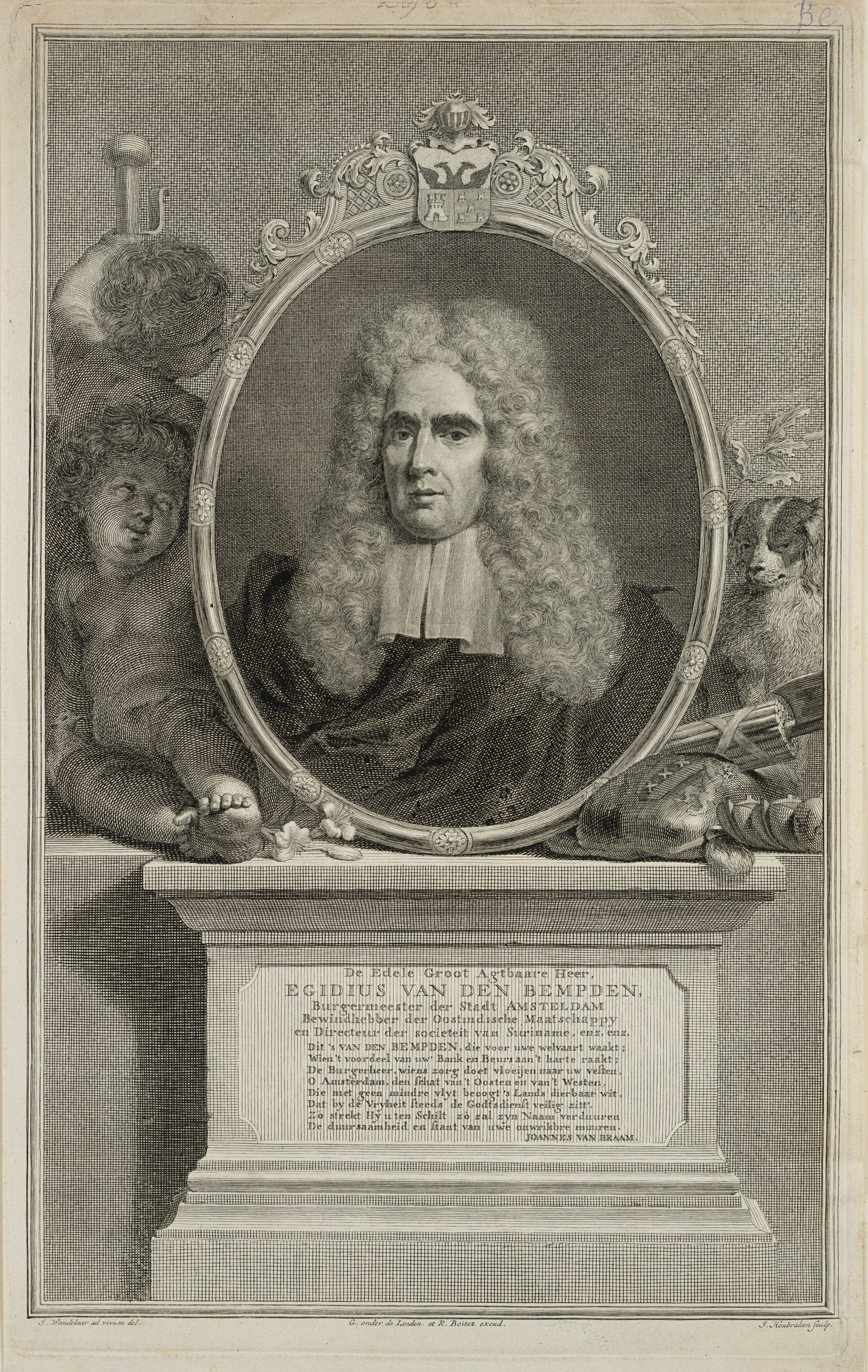 J. HOUBRAKEN (*1698) after WANDELAAR (*1690), Portrait of Egidius van de Bempden, around 1726, Coppe: Jacobus Houbraken (1698 Dordrecht - 1780 Amsterdam) after Jan Wandelaar (1690 Amsterdam - 1759 Leiden): Portrait of Egidius van de Bempden, c. 1726, Copper engraving Technique: Copper engraving on Pap