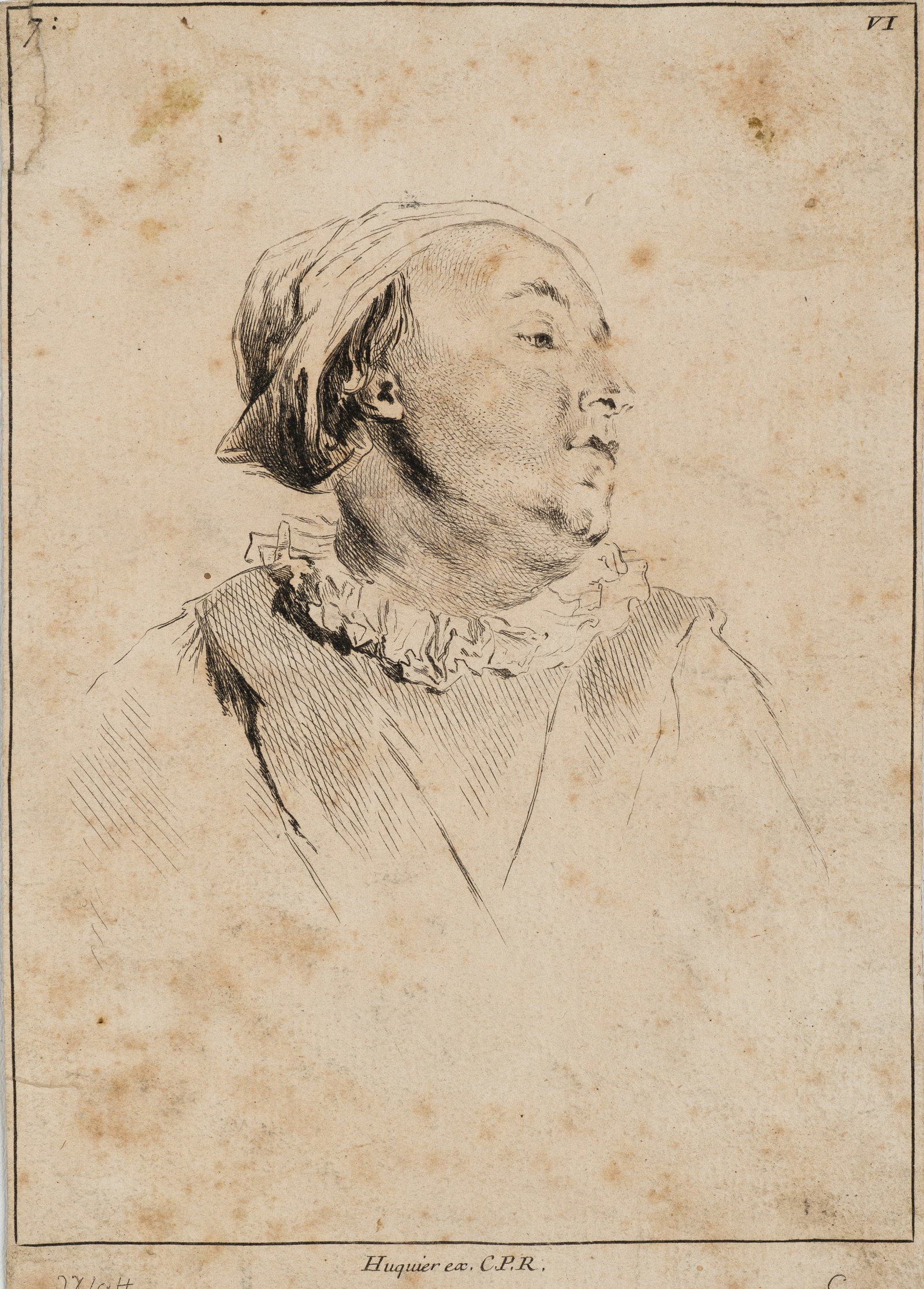 G. HUQUIER (*1695) after WATTEAU (*1684), Portrait with a ruffled collar, around 1740, Etching: Gabriel Huquier (1695 Orleans - 1772 Paris) after Antoine Watteau (1684 Valenciennes - 1721 Nogent-sur-Marne): Portrait with frilled collar Head study of a woman or a man, c. 1740, Etching Technique: 