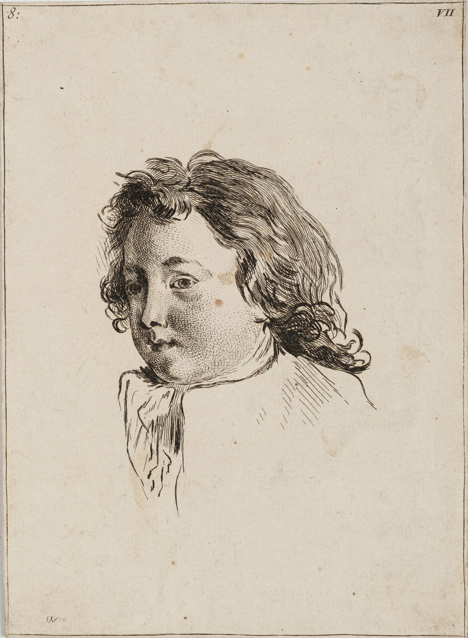 G. HUQUIER (*1695) after WATTEAU (*1684), Portrait of a child, around 1740, Etching: Gabriel Huquier (1695 Orleans - 1772 Paris) after Antoine Watteau (1684 Valenciennes - 1721 Nogent-sur-Marne): Portrait of a child Portrait study of a young child with curls, c. 1740, Etching Techniqu