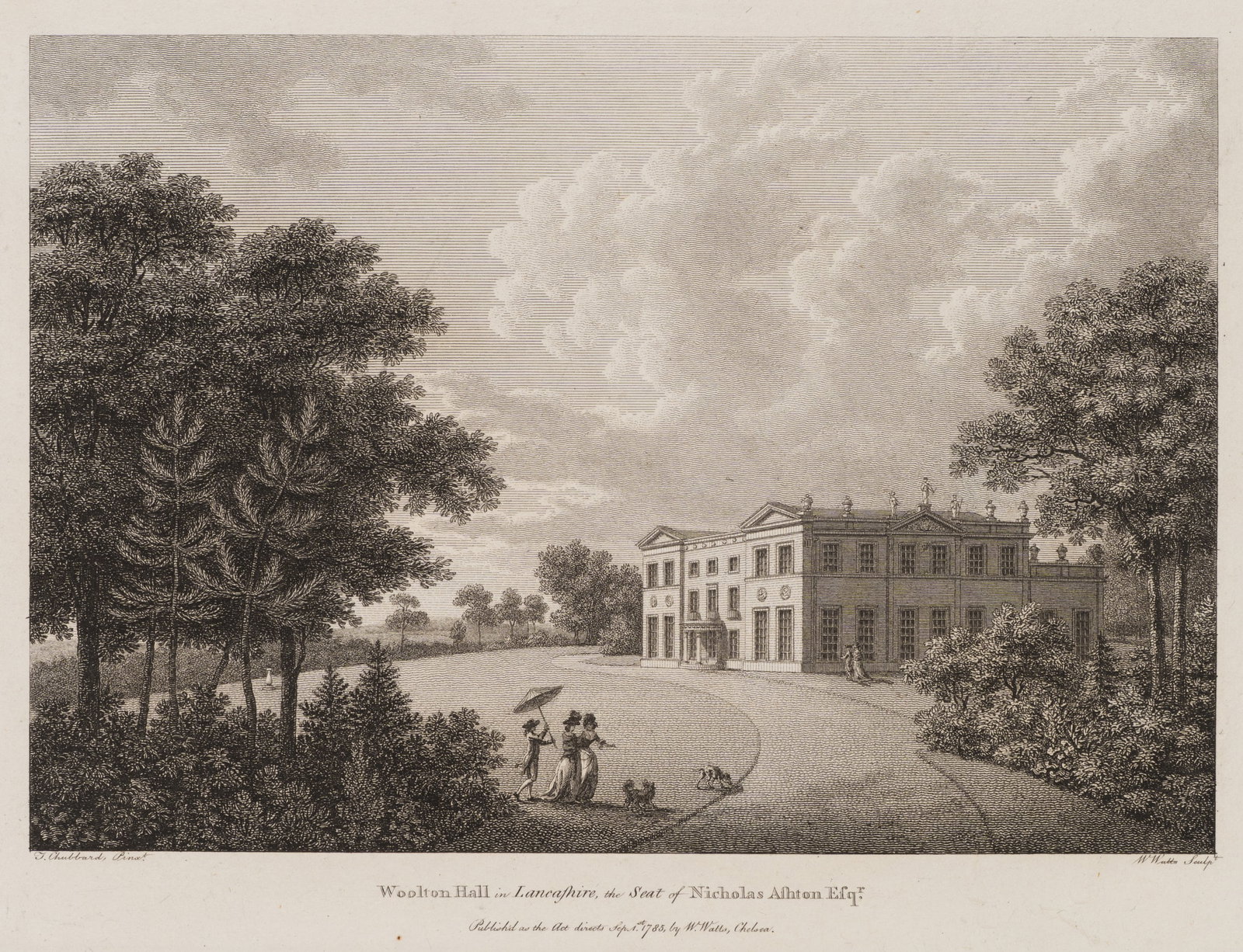 T. CHUBBARD (*1738) after WATTS (*1752), Woolton Hall in Lancashire, 1785, Etching: Thomas Chubbard (1738 - 1809 ) after William Watts (1752 - 1851 ): Woolton Hall in Lancashire View of Woolton Hall in Lancashire, the seat of Nicholas Ashton Esqr, 1785, Etching Technique: Etching on 