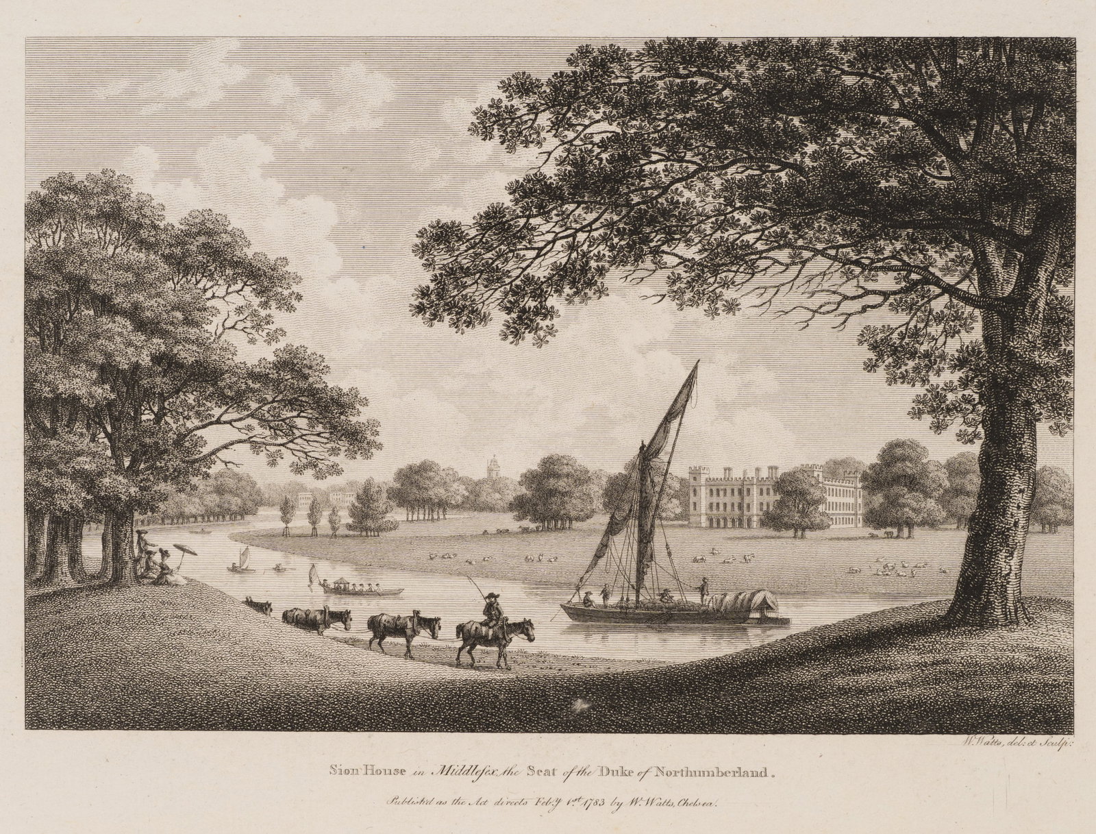 W. WATTS (1752-1851), Sion House in Middlesex, 1783, Etching: William Watts (1752 - 1851 ): Sion House in Middlesex View of Sion House in Middlesex with river, park and staffage, 1783, Etching Technique: Etching on Paper Impression Quality: Quite excellent, harm