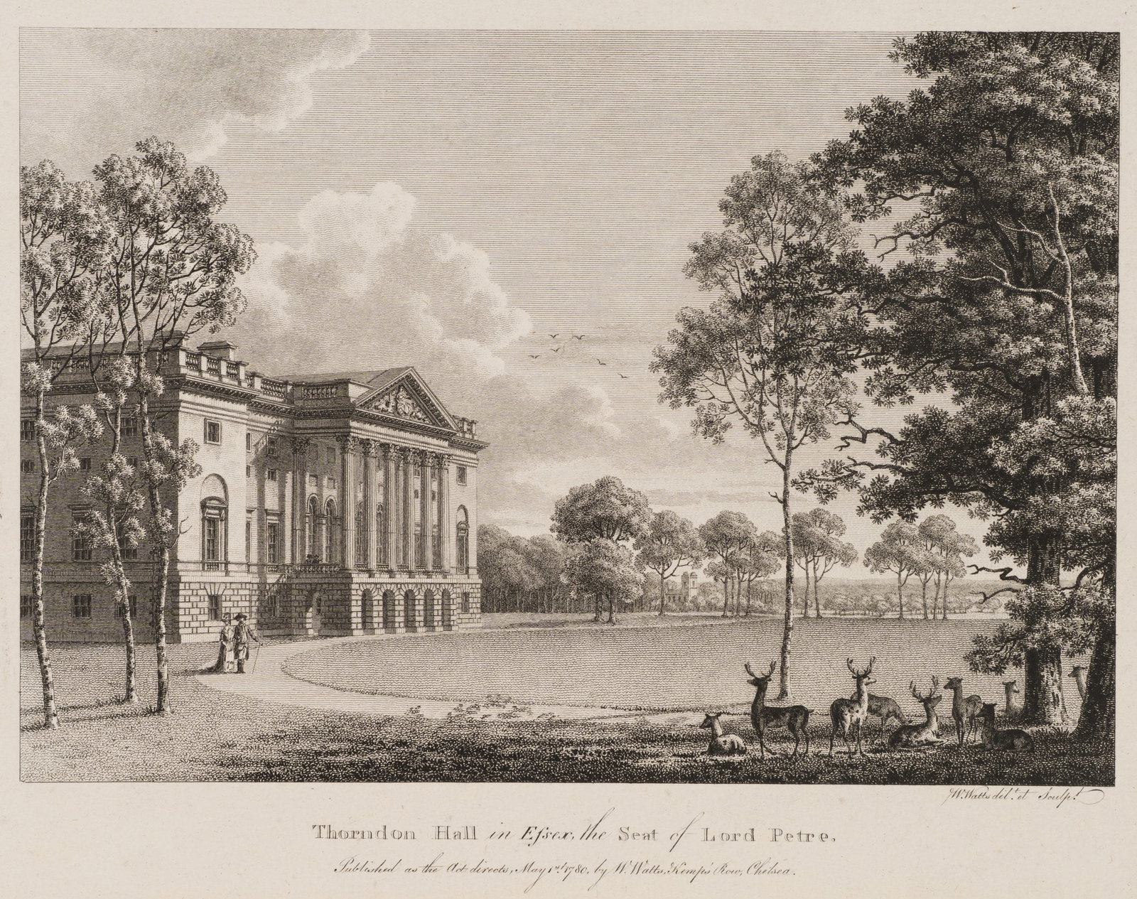W. WATTS (1752-1851), Thorndon Hall in Essex, 1780, Etching: William Watts (1752 - 1851 ): Thorndon Hall in Essex Thorndon Hall in Essex, Lord Petre's country estate in parkland, 1780, Etching Technique: Etching on Paper Impression Quality: Excellent, harmoniou