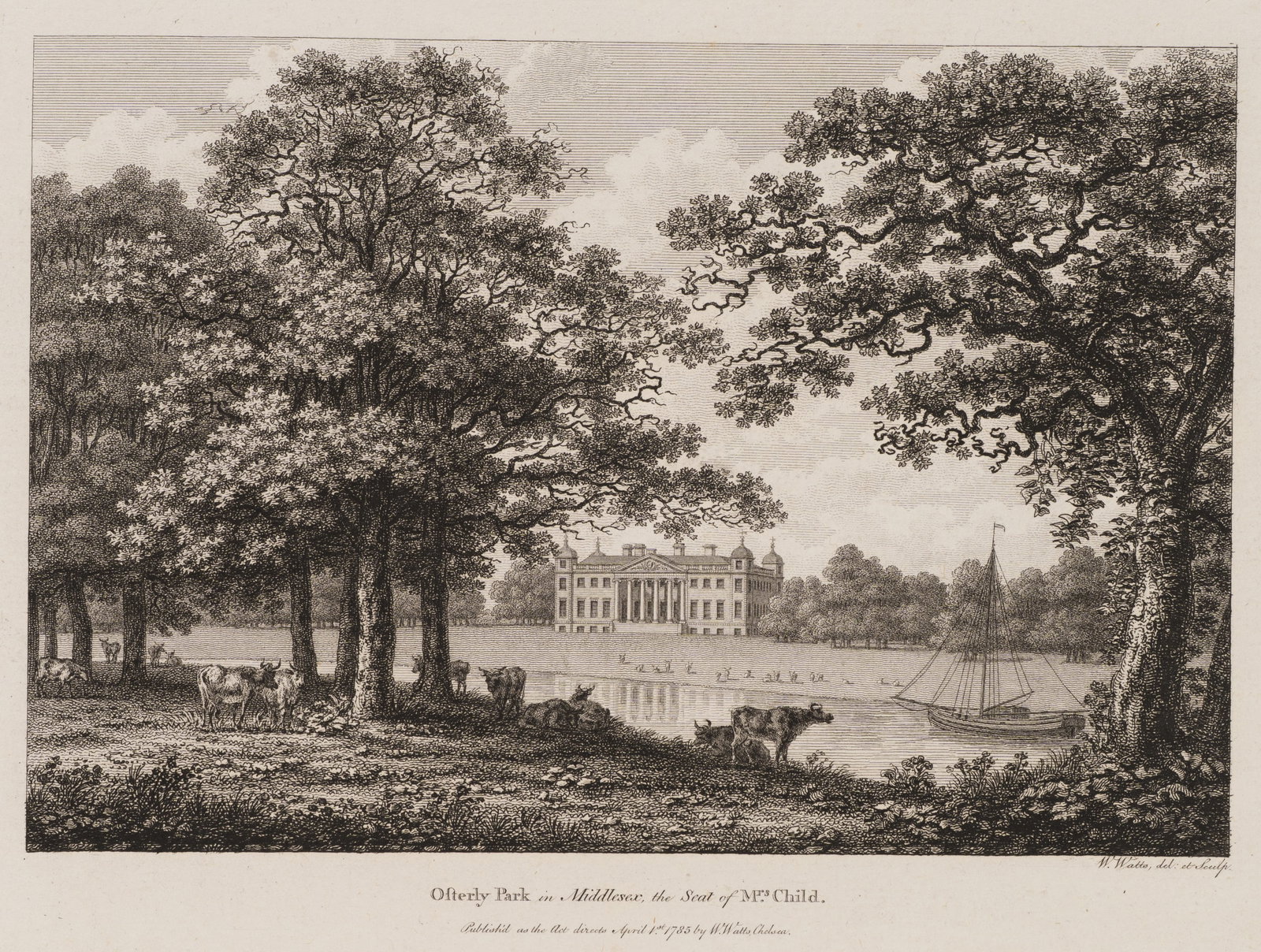 W. WATTS (1752-1851), Osterly Park in Middlesex, 1785, Etching: William Watts (1752 - 1851 ): Osterly Park in Middlesex Osterly Park in Middlesex with country estate, cattle staffage and boat by the water, 1785, Etching Technique: Etching on Paper Impression Quali
