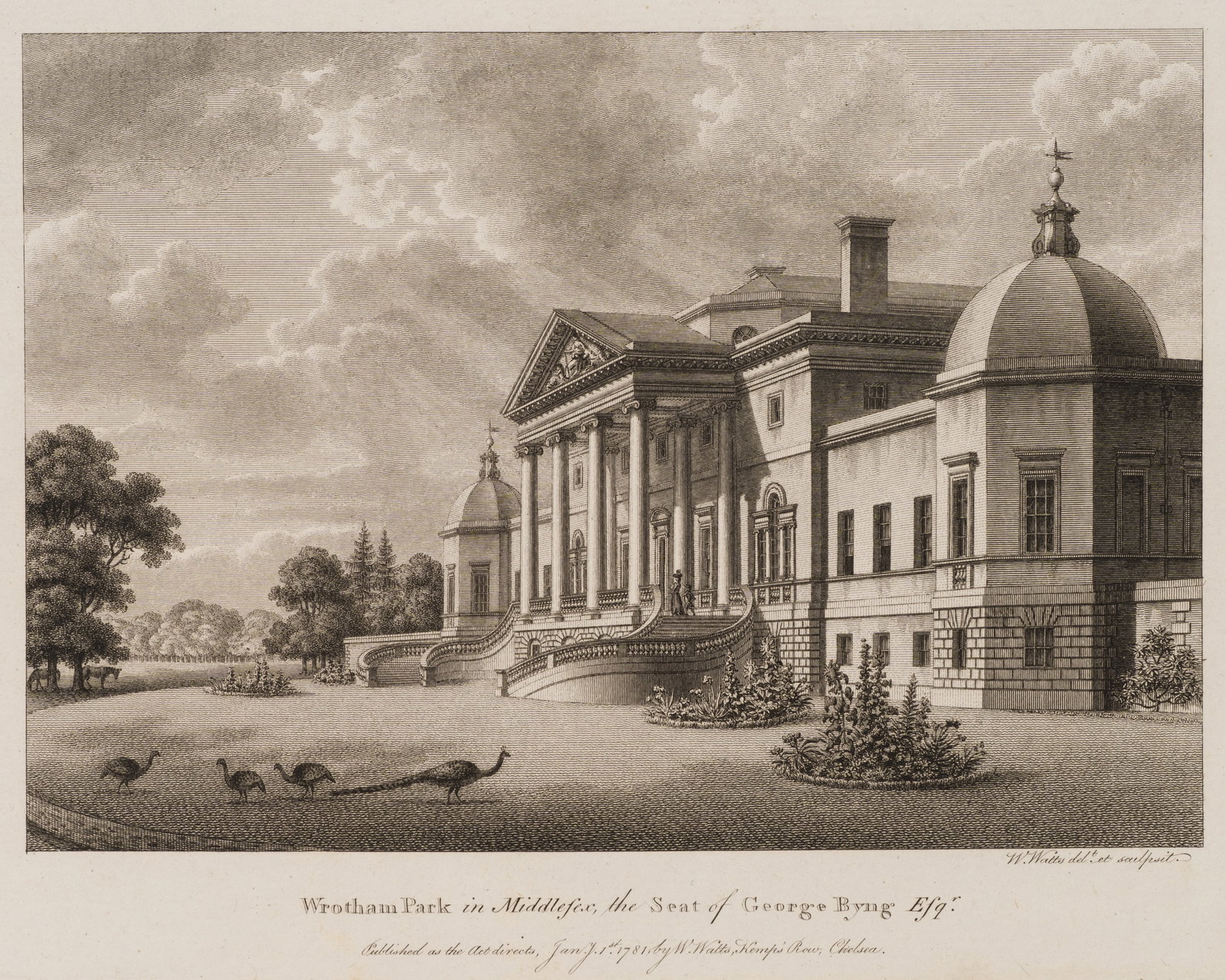 W. WATTS (1752-1851), Wrotham Park in Middlesex, 1781, Etching: William Watts (1752 - 1851 ): Wrotham Park in Middlesex Wrotham Park in Middlesex, country estate of George Byng with park and peacocks, 1781, Etching Technique: Etching on Paper Impression Quality: E