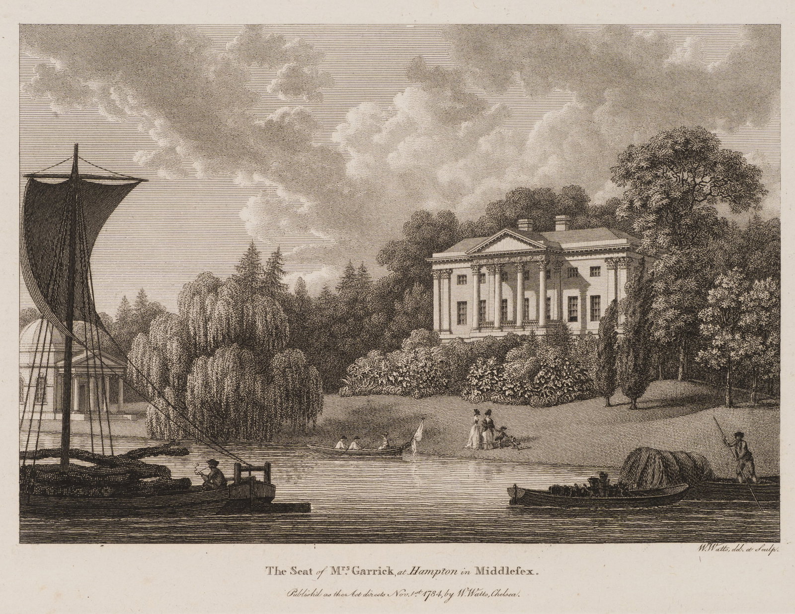 W. WATTS (1752-1851), Mrs Garrick’s country estate, 1784, Etching: William Watts (1752 - 1851 ): Country estate of Mrs Garrick View of Mrs Garrick's country estate in Hampton, Middlesex, with boats in the foreground, 1784, Etching Technique: Etching on Paper Impressi