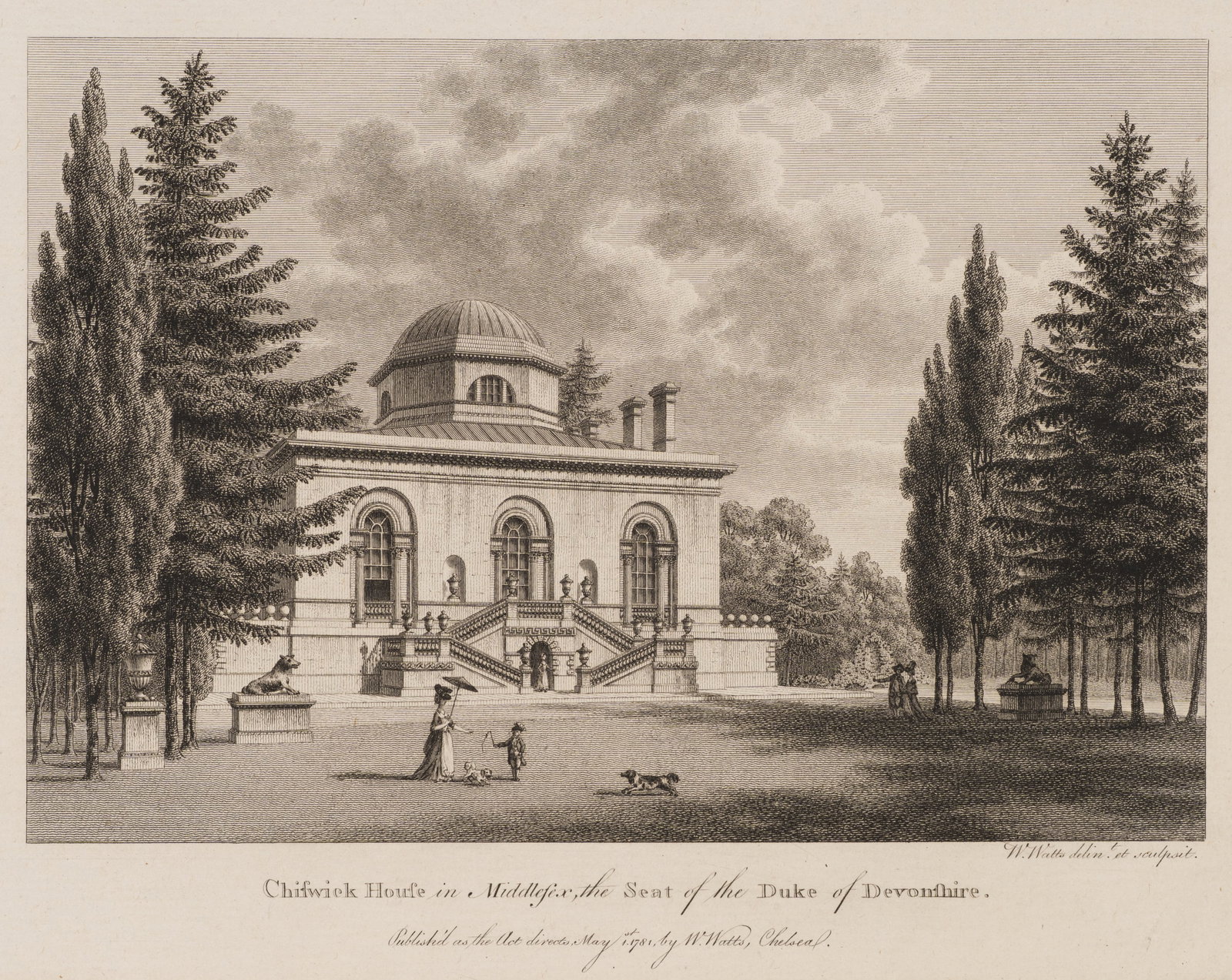 W. WATTS (1752-1851), Chiswick House in Middlesex, 1781, Etching: William Watts (1752 - 1851 ): Chiswick House in Middlesex Chiswick House in Middlesex, country residence of the Duke of Devonshire in parkland, 1781, Etching Technique: Etching on Paper Impression Qua