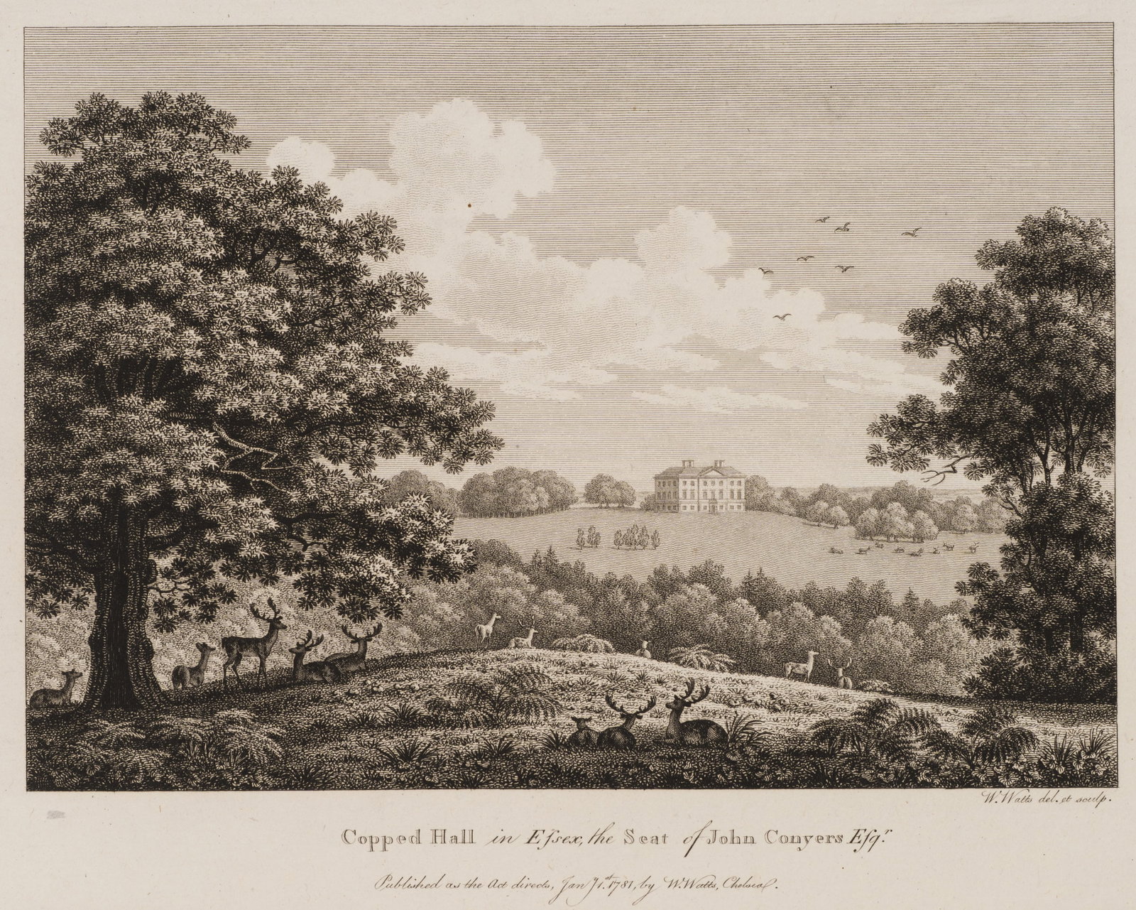 W. WATTS (1752-1851), Copped Hall in Essex, 1781, Etching: William Watts (1752 - 1851 ): Copped Hall in Essex Copped Hall in Essex with deer park and country house in extensive parkland, 1781, Etching Technique: Etching on Paper Impression Quality: Quite exce