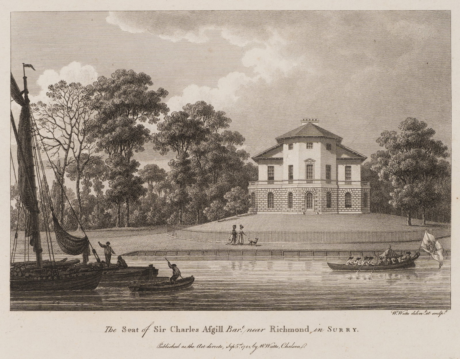 W. WATTS (1752-1851), Country house near Richmond by the river, 1781, Etching: William Watts (1752 - 1851 ): Country house near Richmond on the river Sir Charles Asgill's house near Richmond in Surrey with boats on the river, 1781, Etching Technique: Etching on Paper Impression 