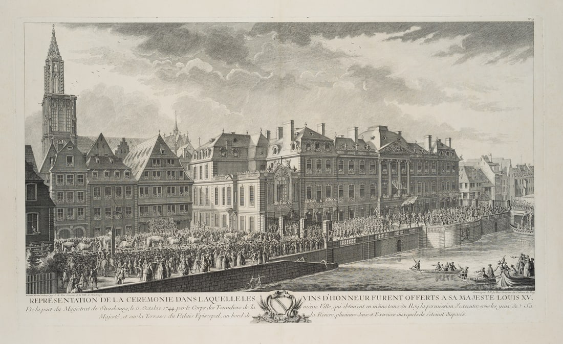 J. BAS (*1707) after WEIS (*1711), Celebration in honour of Louis XV in Strasbourg, 1744, Copper en: Jacques-Philippe le Bas (1707 Paris - 1783 ibid.) after Johann Martin Weis (1711 Strasbourg - 1751 ibid.): Feierlichkeiten zu Ehren Louis XV in Straßburg, "Representation of the ceremony in which