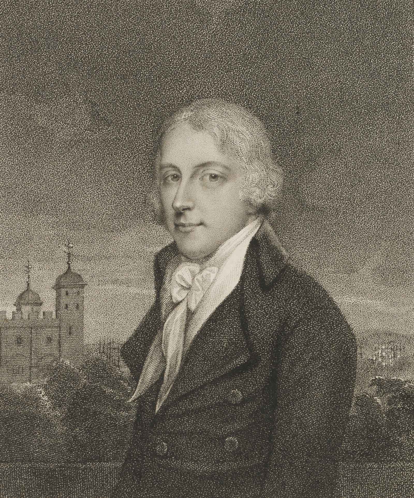 P. TOMKINS (*1759) after WHITE (19th), John Augustus Bonney, solicitor, 1790, Crayon manner: Peltro Williams Tomkins (1759 London - 1840 ) after White (19th century): Portrait of the lawyer John Augustus Bonney (1763-1813), breastpiece in coat with collar in front of the towers of a castle, 1