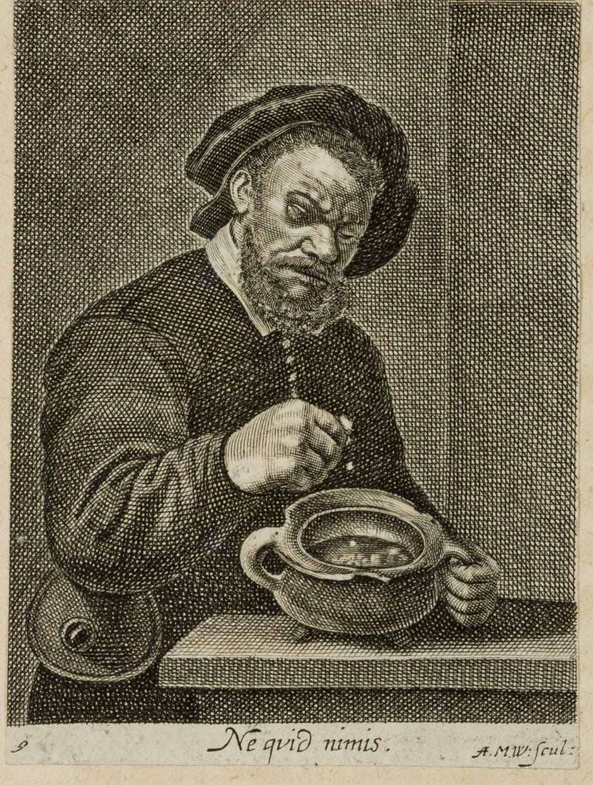 A. WOLFGANG (1660-1736), Portrait of a man at a table, Etching: Andreas Matthäus Wolfgang (1660 - 1736 ): Portrait of a man sitting at a table with a bowl, 18th century, Etching Technique: Etching on Paper Inscription: Inscribed "Ne quid nimis" in Latin below