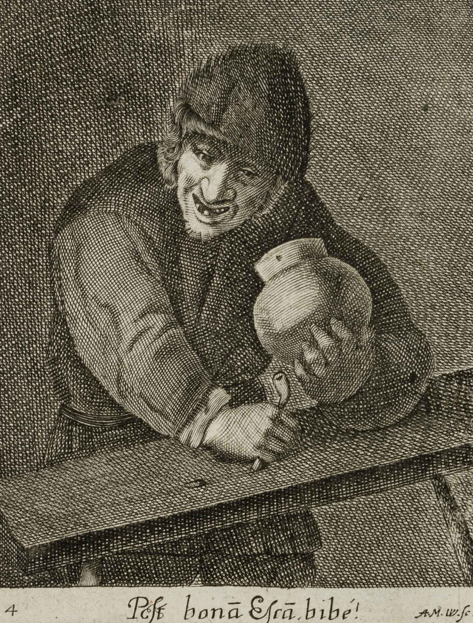 A. WOLFGANG (1660-1736), A guest at the pub, Etching: Andreas Matthäus Wolfgang (1660 - 1736 ): Simply dressed guest sitting at a table in an inn with a jug and spoon, 18th century, Etching Technique: Etching on Paper Inscription: Inscribed below in