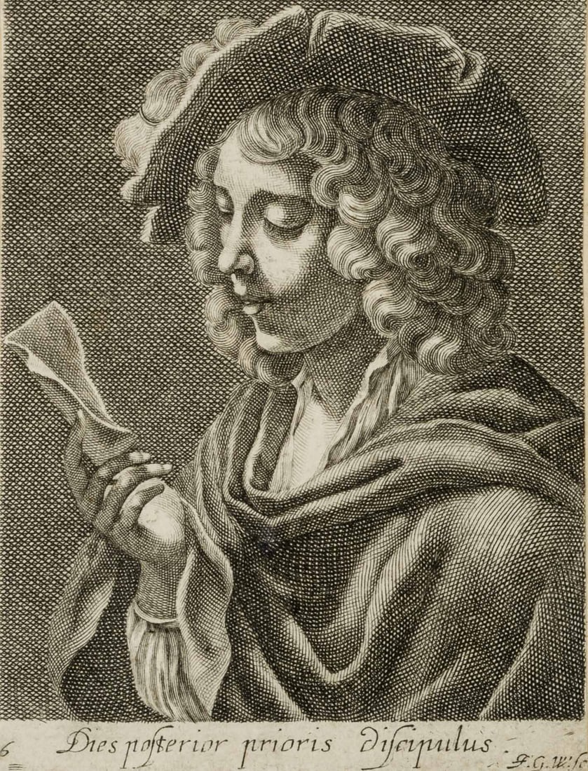 A. WOLFGANG (1660-1736), Portrait of a young boy reading, Etching: Andreas Matthäus Wolfgang (1660 - 1736 ): Portrait in half-length of a young boy reading, 18th century, Etching Technique: Etching on Paper Inscription: Inscribed below in Latin "Dies prosterior 