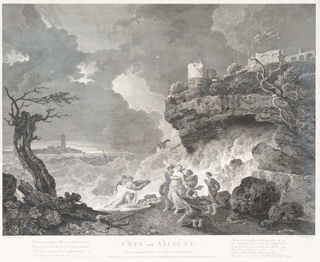 R. WILSON (*1714) after WOOLLETT (*1735), Alkyone sees her dead husband, 1769, Copper engraving: Richard Wilson (1714 Penegoes - 1782 Colommendy) after William Woollett (1735 Maidstone - 1785 London): Alkyone sees her dead husband Keyx, 1769, Copper engraving Technique: Copper engraving on Paper 