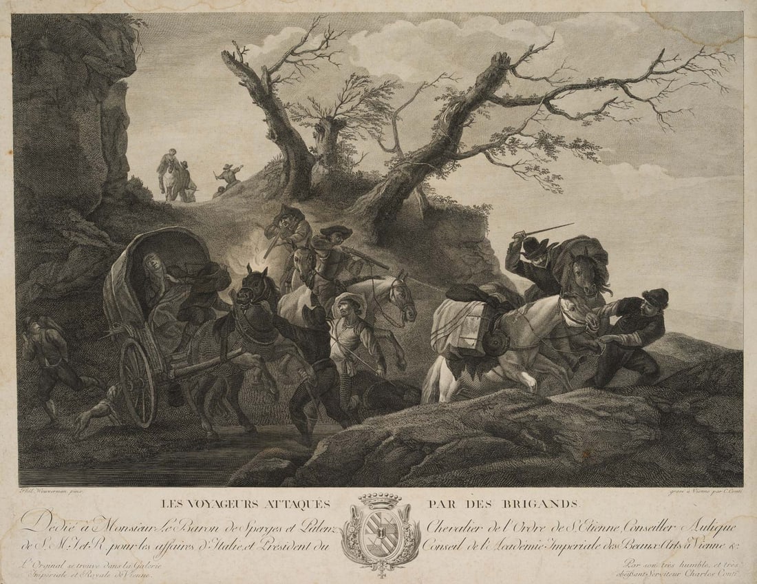 C. CONTI (*1741) after WOUWERMAN (*1619), Robbery, around 1790, Etching: Carl Conti (1741 Vienna - 1795 ) after Philips Wouwerman (1619 Haarlem - 1668 ibid.): Robbers attack the travellers, Les Voyageurs attaqués par des brigands, c. 1790, Etching Technique: Etching o