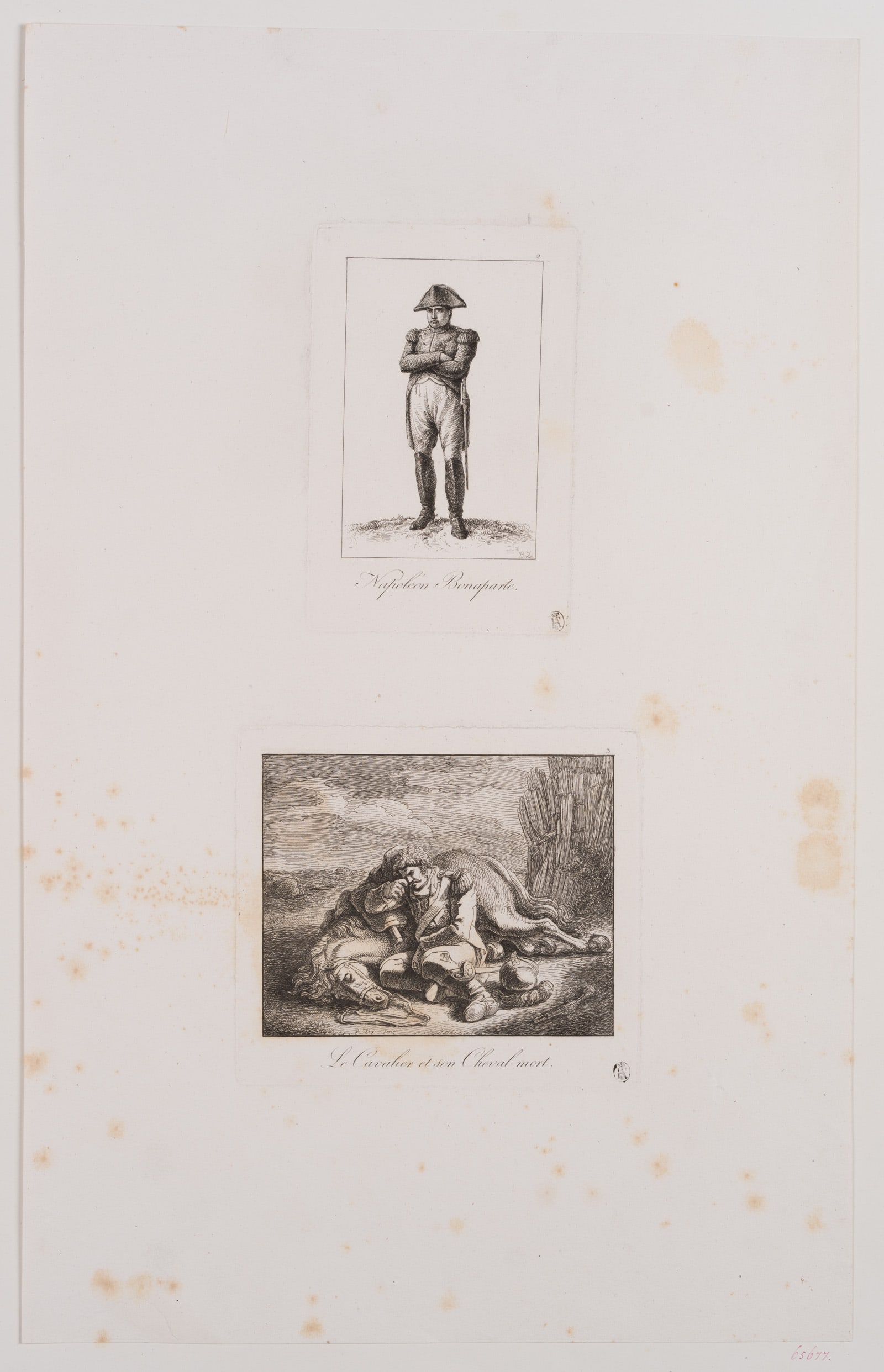B. ZIX (1772-1811), Portrait of Napoleon and a Cavalryman, Etching: Benjamin Zix (1772 Strasbourg - 1811 Perugia): Two prints Full body portrait of Napoleon and cavalryman with fallen horse, 18th century, Etching Technique: Etching on Paper, mounted on Paper Stamp: Co