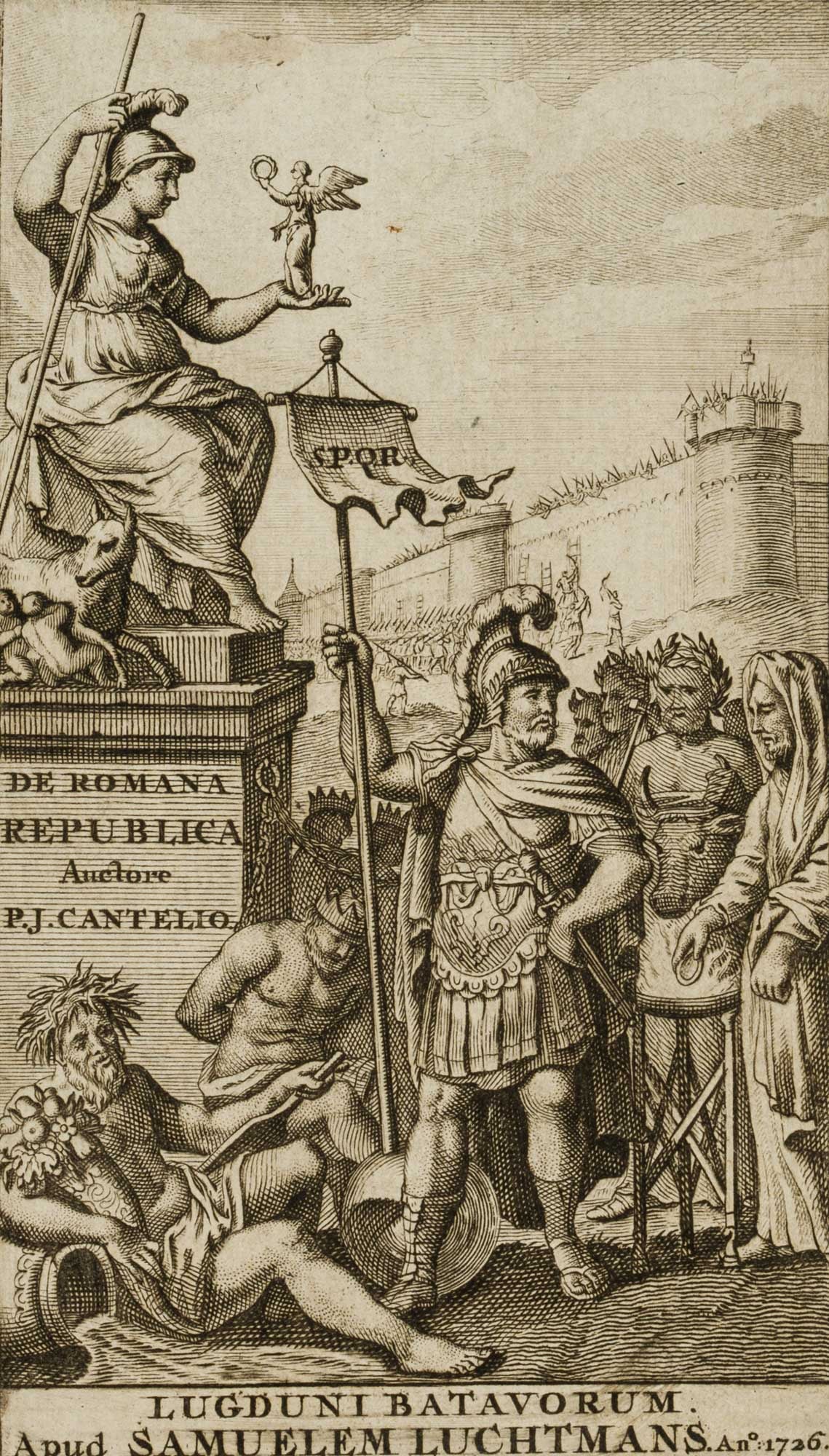 Unknown (18th), De Romana Republica, Frontispiece, 1741, Copper engraving: Unknown (18th century): 'De Romana Republica', Venedig, Frontispiz, 1741, Copper engraving Technique: Copper engraving on Paper, mounted on Paper Stamp: Blank stamp, Krone. Date: 1741 Description: Fro