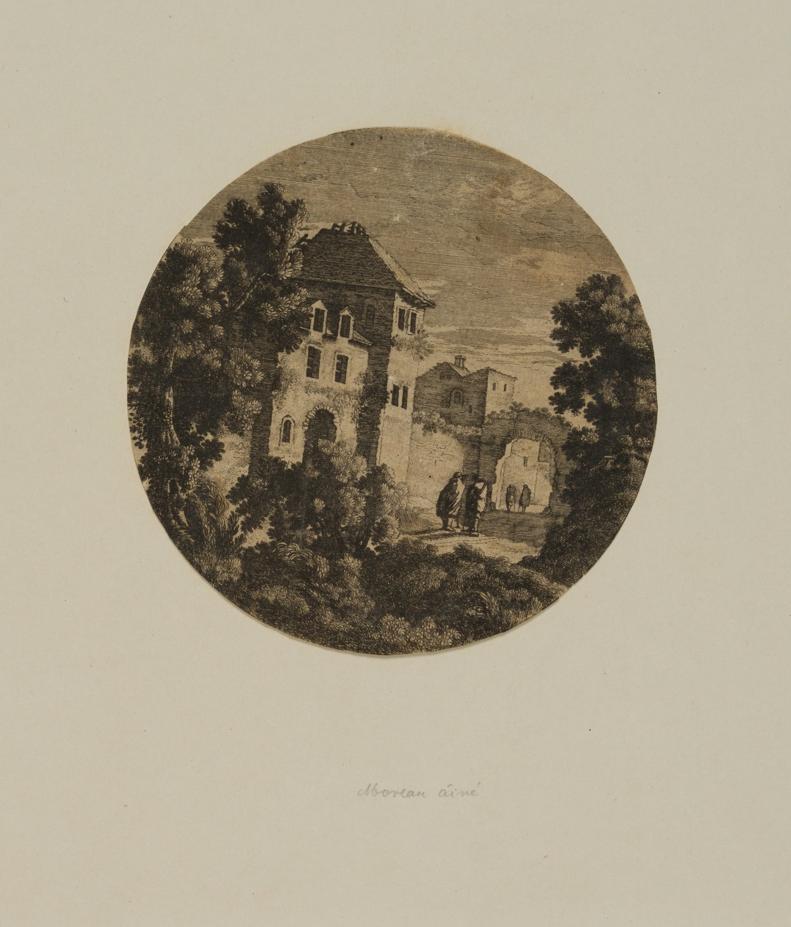Unknown (18th), Landscape with a city gate, around 1750, Copper engraving: Unknown (18th century): Landscape with house façades and town gate with staffage of people, c. 1750, Copper engraving Technique: Copper engraving on Laid paper Date: c. 1750 Description: View thr