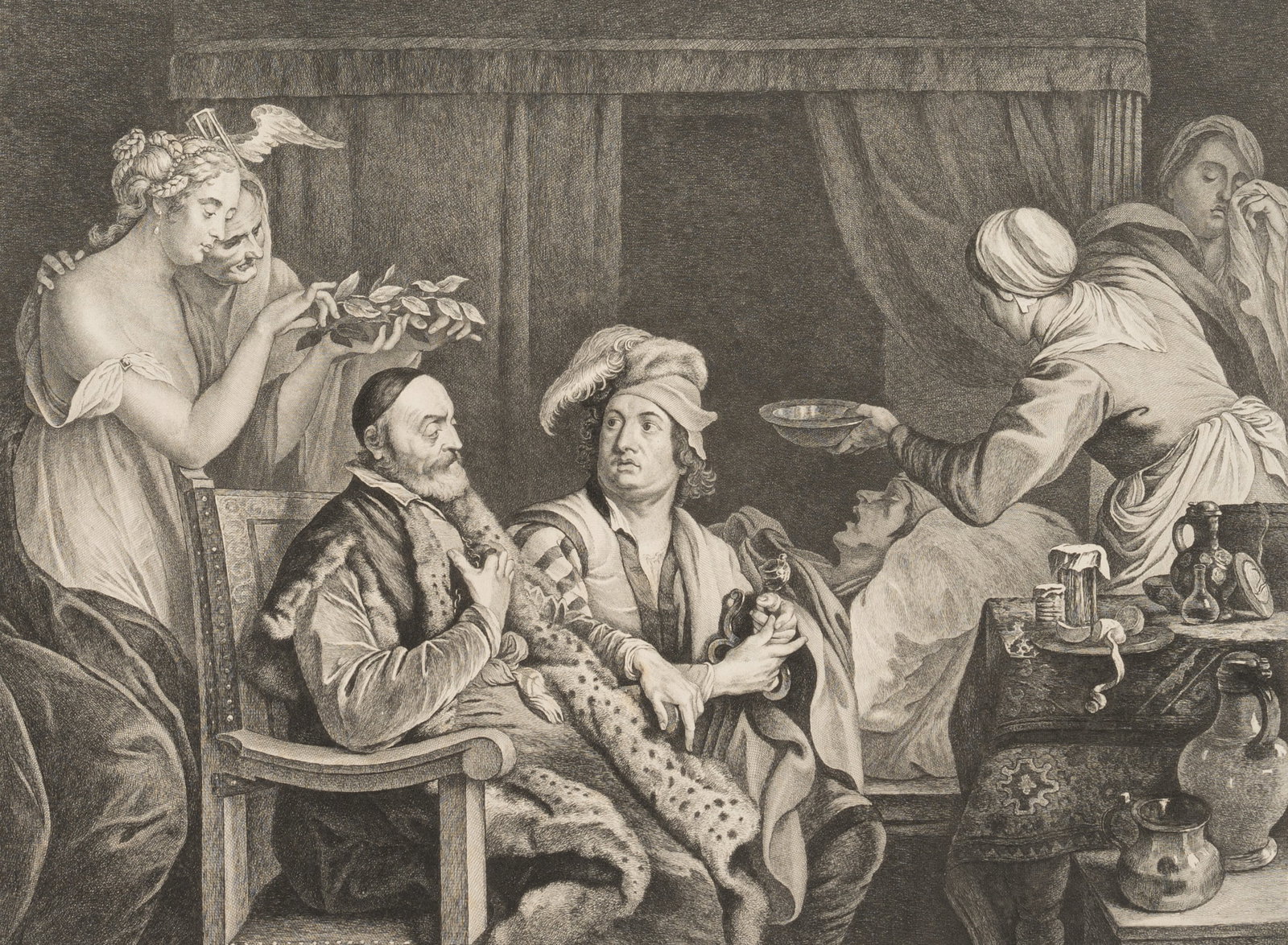 Unknown (17th), A laurel wreath at the deathbed, Etching: Unknown (17th century): Deathbed laurel coronation with unknown poet, 18th century, Etching Technique: Etching on Paper Date: 18th century Description: Deathbed scene in the centre of which stands a s