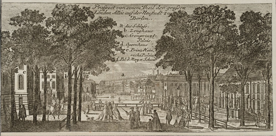Unknown (18th), Unter den Linden in Berlin, 1760, Etching: Unknown (18th century): Lively scene on the avenue Unter den Linden in Berlin, 1760, Etching Technique: Etching on Paper Date: 1760 Description: Beautiful veduta of Berlin's Neustadt in the second hal