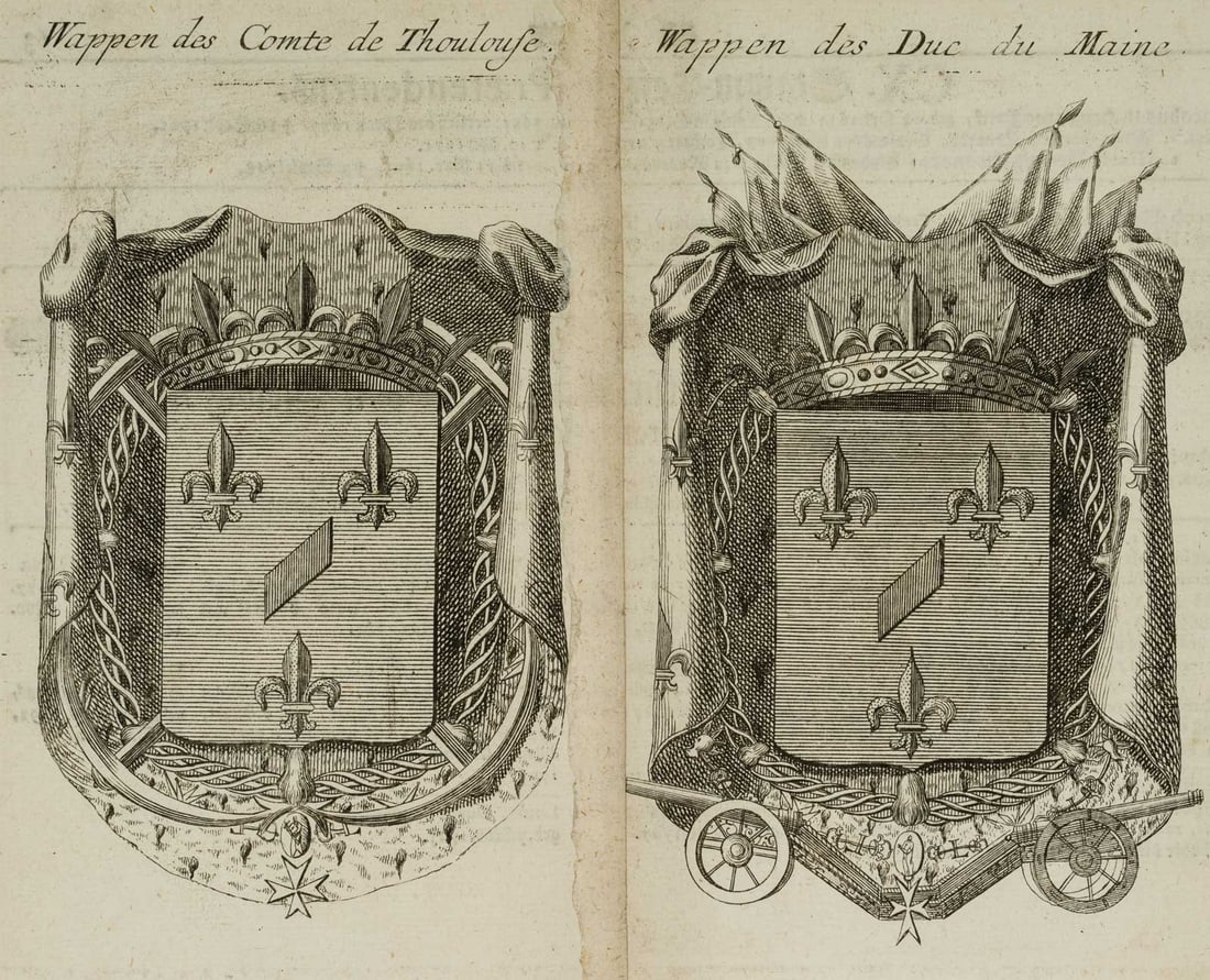Unknown (18th), Coat of arms of the Count of Toulouse / the Duke of Maine, 1725, Copper engraving: Unknown (18th century): Wappen des Comte de Thoulouse / Wappen des Duc du Maine, 1725, Copper engraving Technique: Copper engraving on Laid paper Date: 1725 Description: Verso typographically printed 