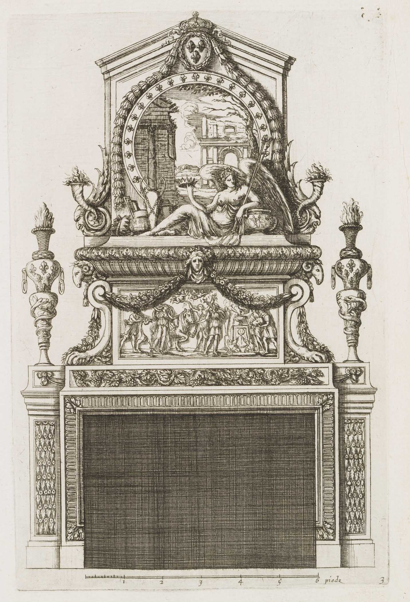 Unknown (18th), Baroque fireplace design. Template 3, around 1750, Copper engraving (1 of 4)