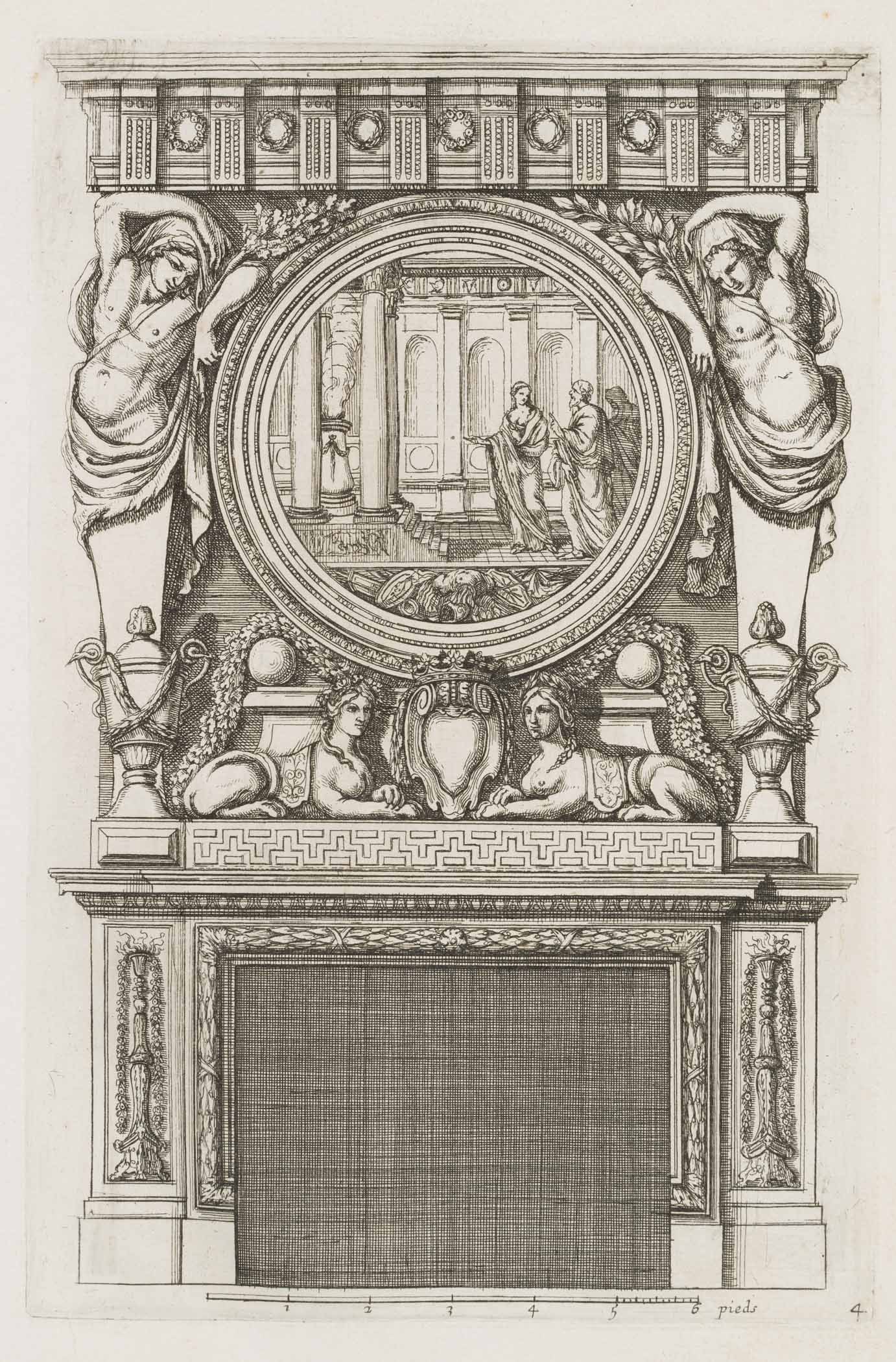 Unknown (18th), Baroque fireplace design. Template 4, around 1750, Copper engraving (1 of 4)