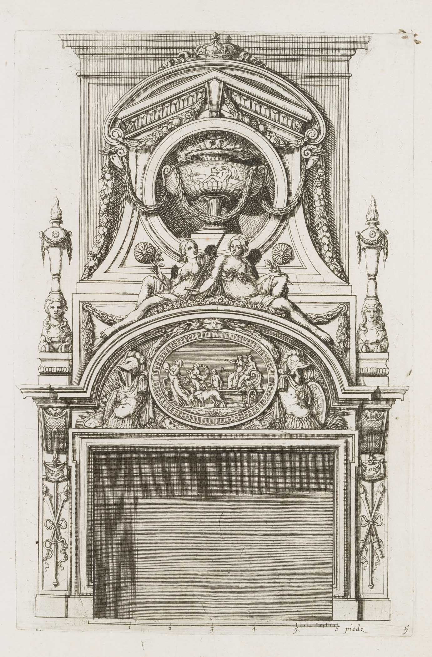 Unknown (18th), Baroque fireplace design. Template 5, around 1750, Copper engraving (1 of 4)