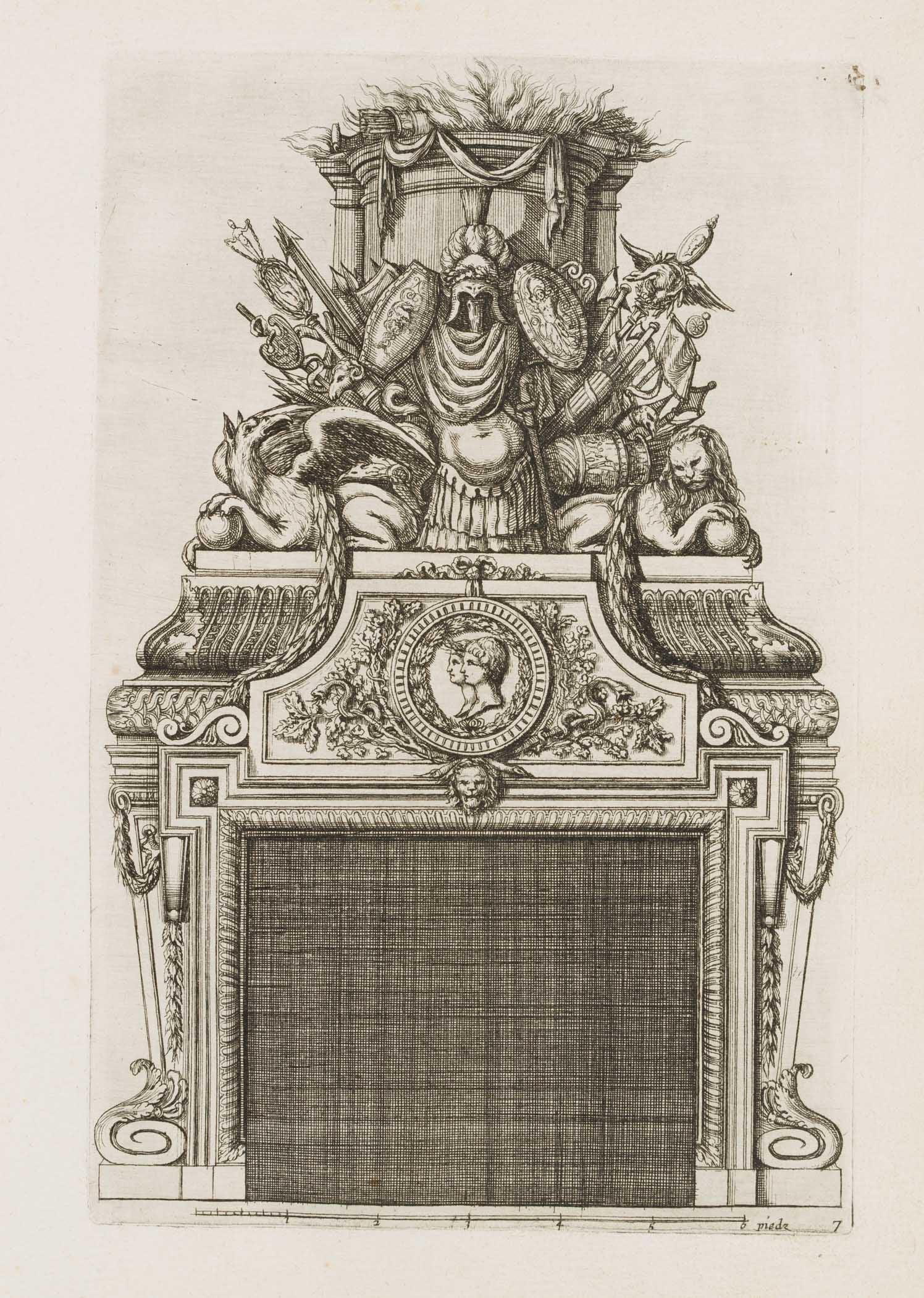 Unknown (18th), Baroque fireplace design. Template, around 1750, Copper engraving (1 of 4)