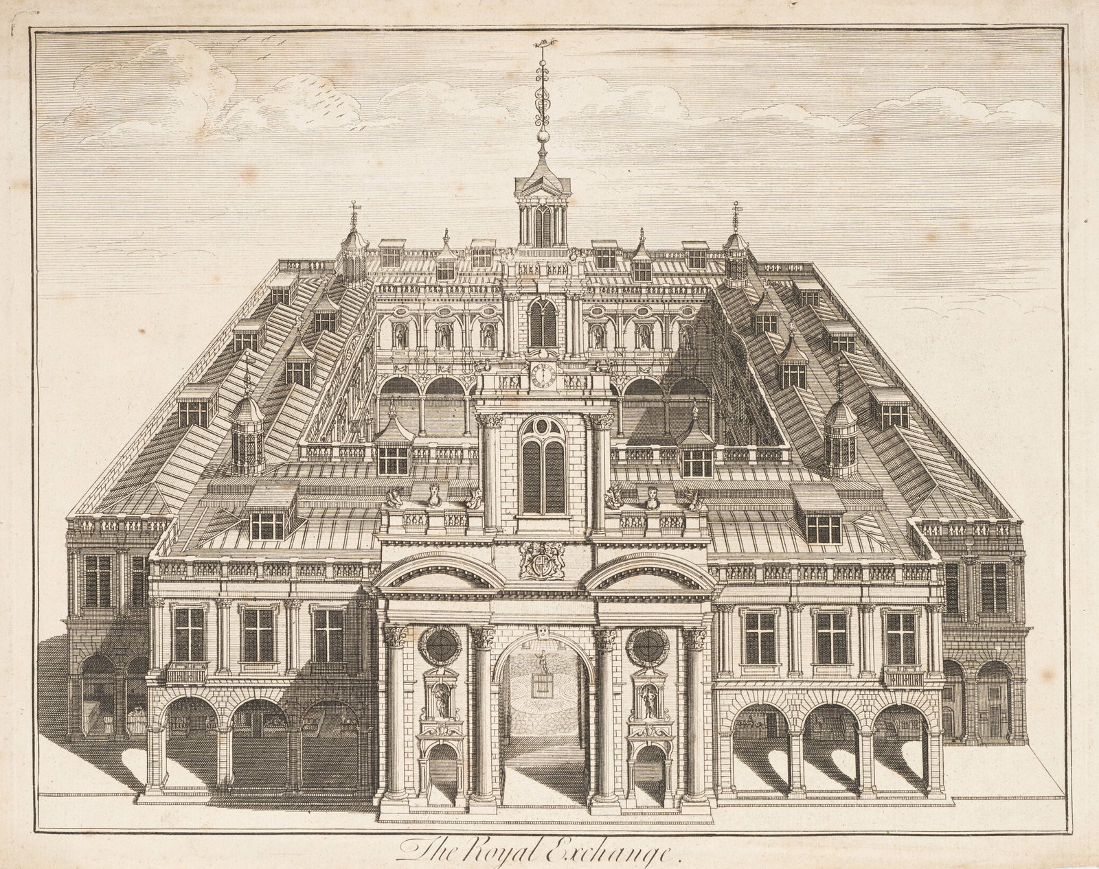 Unknown (18th), The Royal Exchange in London, around 1740, Etching: Unknown (18th century): Royal Exchange in London Historical depiction of the Royal Exchange in London, c. 1740, Etching Technique: Etching on Paper Inscription: At the lower part inscribed in the prin